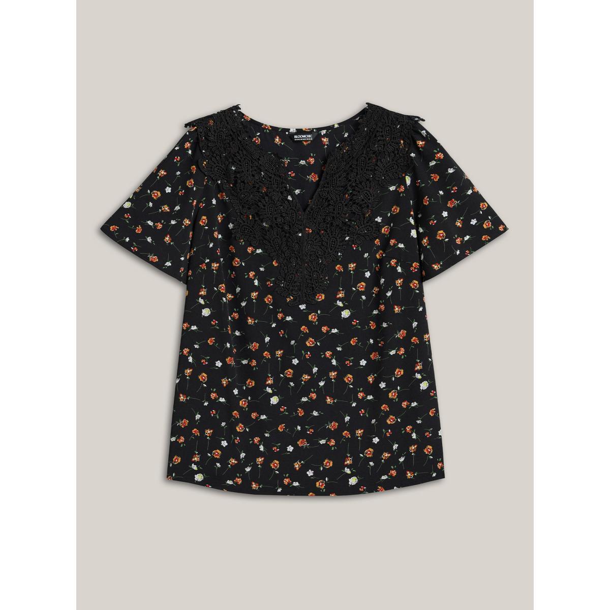 Plus Size Black Lace Spliced Floral Print Notched Collar Blouse Women Elegant Short sleeve Notched collar Everyday Blouses BloomChic 12/L Product Image
