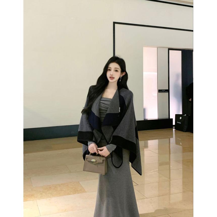 Two Tone Open Front Coat / Long-Sleeve Scoop Neck Plain Ruffle Trim Maxi Mermaid Dress Product Image