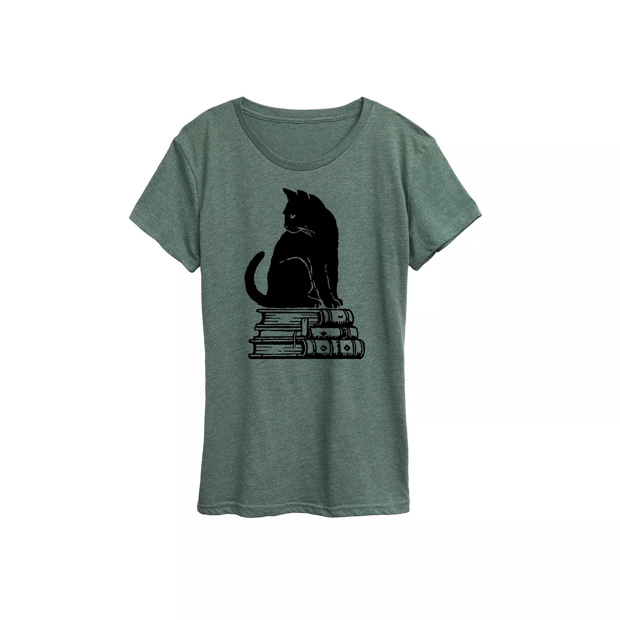 Womens Black Cat on Books Graphic Tee, Girls Grey Green Product Image
