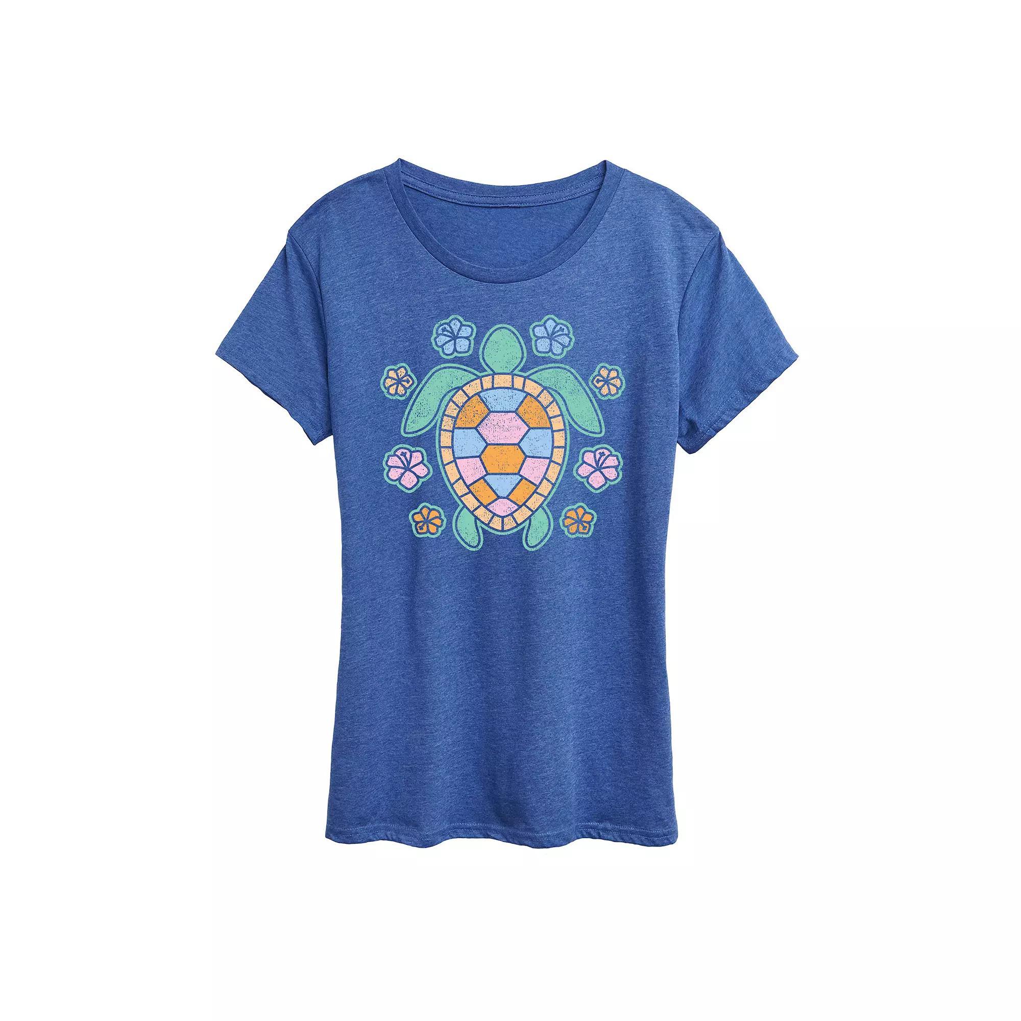 Women's Turtle And Flowers Graphic Tee, Size: Large, Grey Royal Blue Product Image