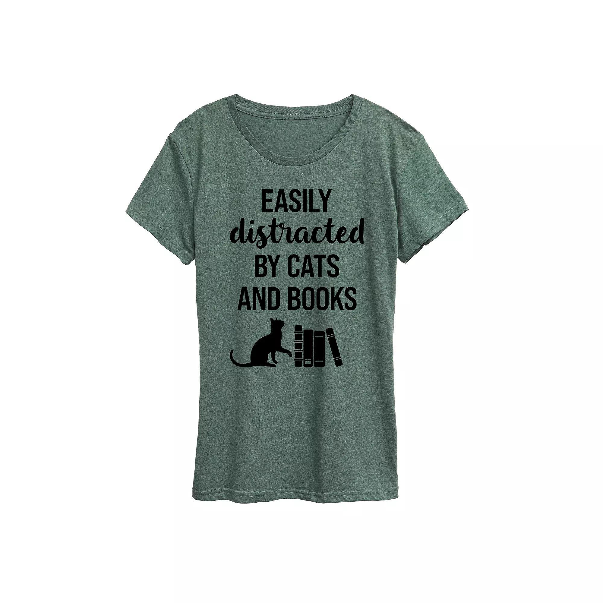 Womens Easily Distracted Cats Books Graphic Tee, Girls Grey Green Product Image