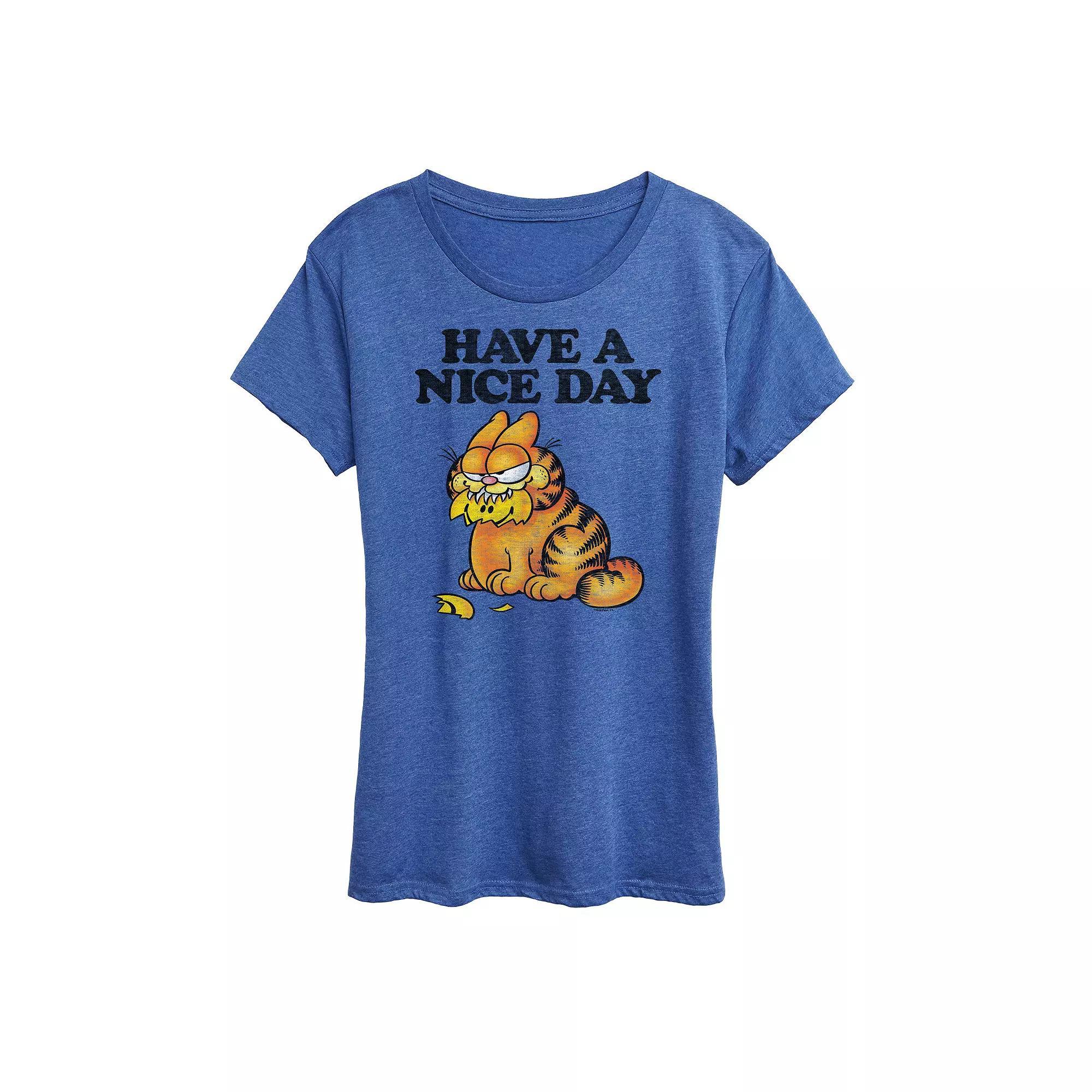 Womens Garfield Have A Nice Day Retro Graphic Tee, Girls Grey Royal Blue Product Image