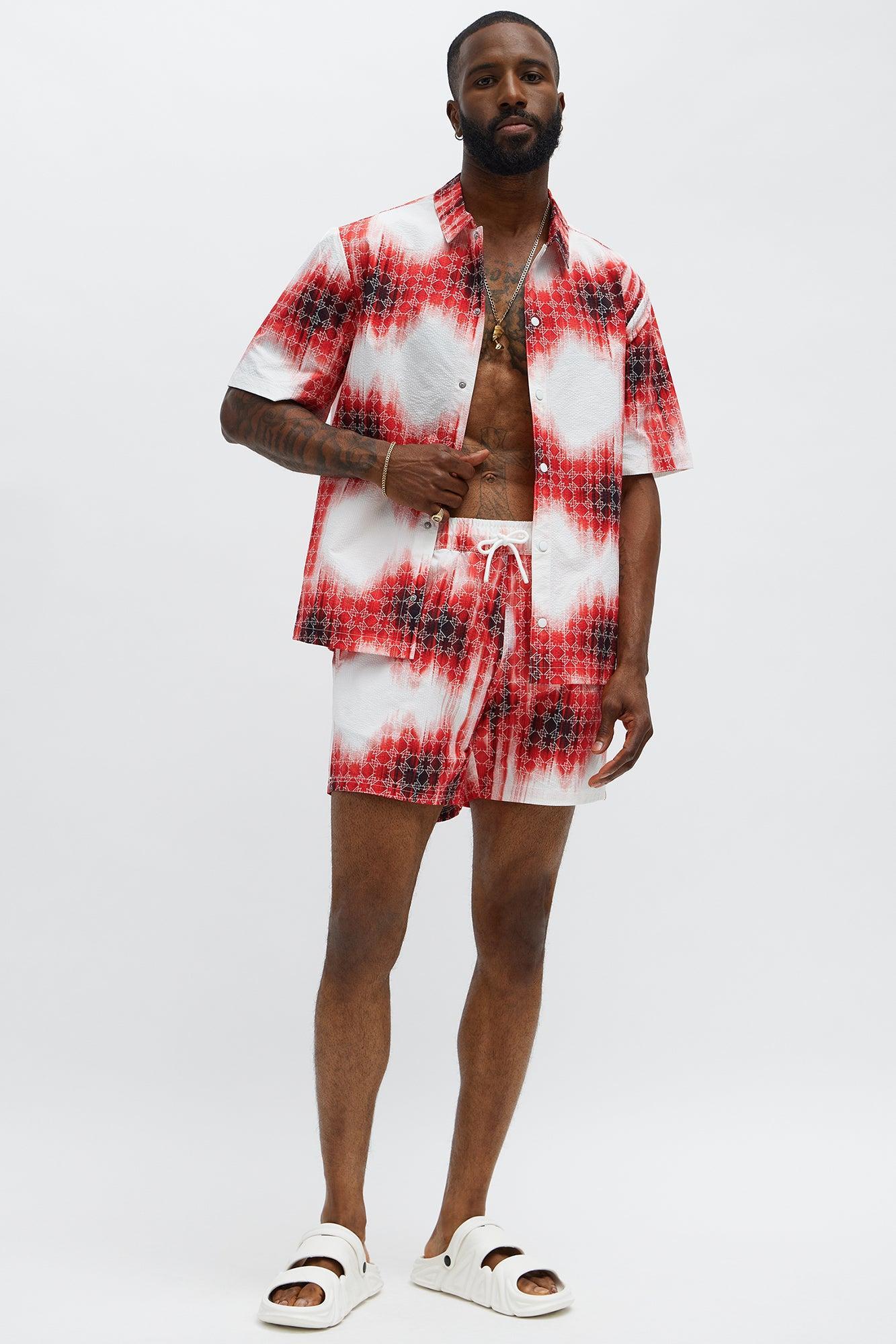 Seersucker Tie Dye Printed Closed Collar Shirt - Red/combo Product Image
