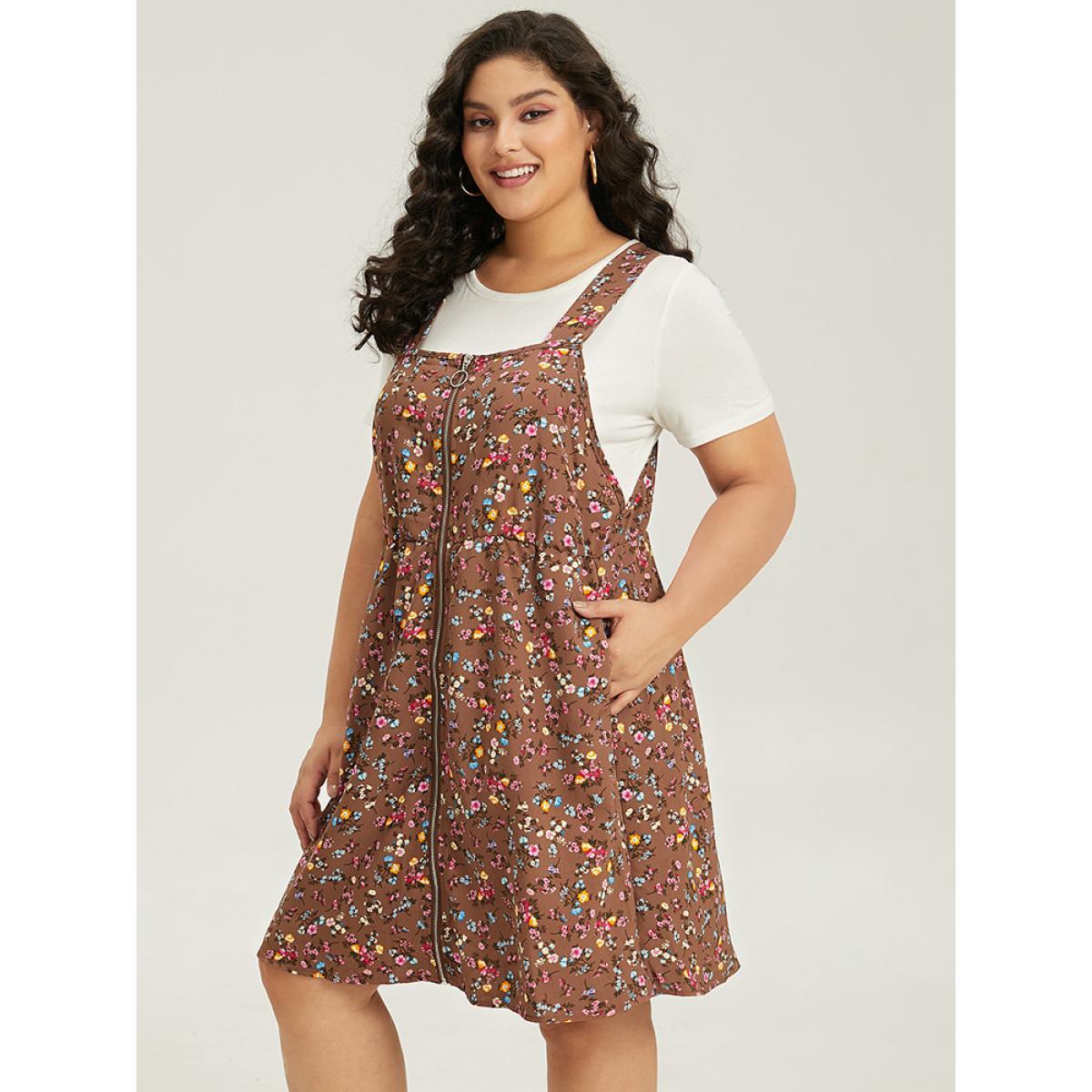 Plus Size Ditsy Floral Pocket Zipper Overall Cami Dress Chocolate Women Casual Zipper Spaghetti Strap Sleeveless Curvy Knee Dress BloomChic 30/6X Product Image