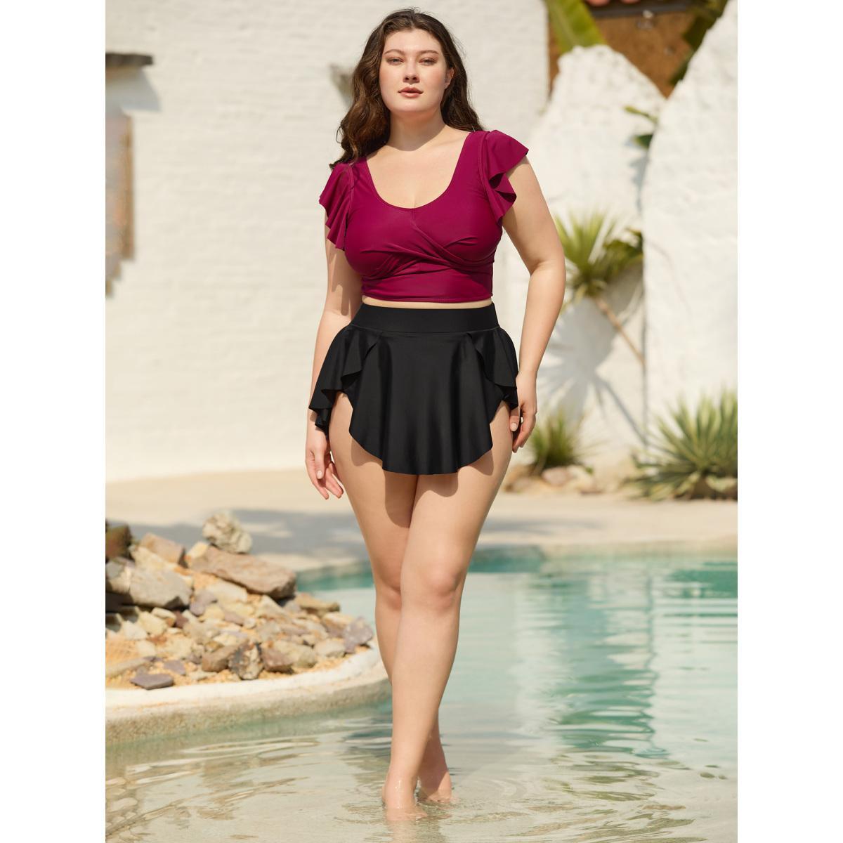 Plus Size Layered Hips Coverage Slit Swim Bottoms Women's Swimwear Black Beach Slit High stretch Bodycon High Rise Curve Swim Bottoms BloomChic 30/6X Product Image