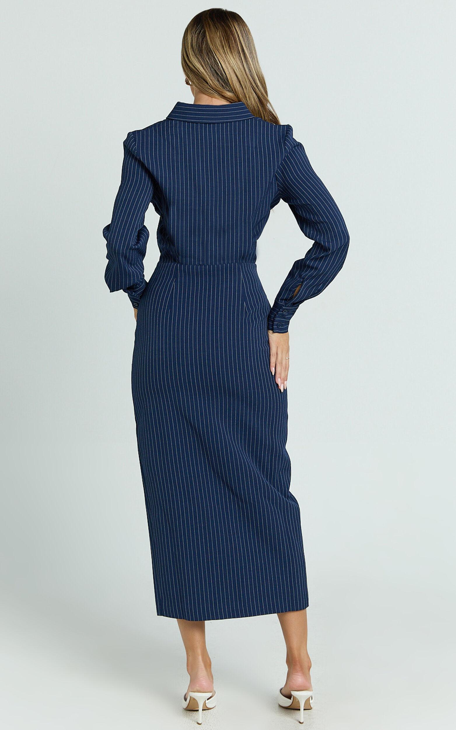 Ophelia Midi Dress - Collared Pinstripe Long Sleeve Fitted Dress in Navy Product Image