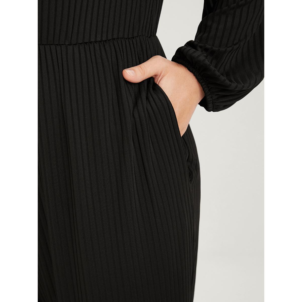 Plus Size Black Plain Zipper Half Lantern Sleeve Pocket Rib Knit Jumpsuit Women Office Long Sleeve Round Neck Work Loose Jumpsuits BloomChic 14-16/1X Product Image