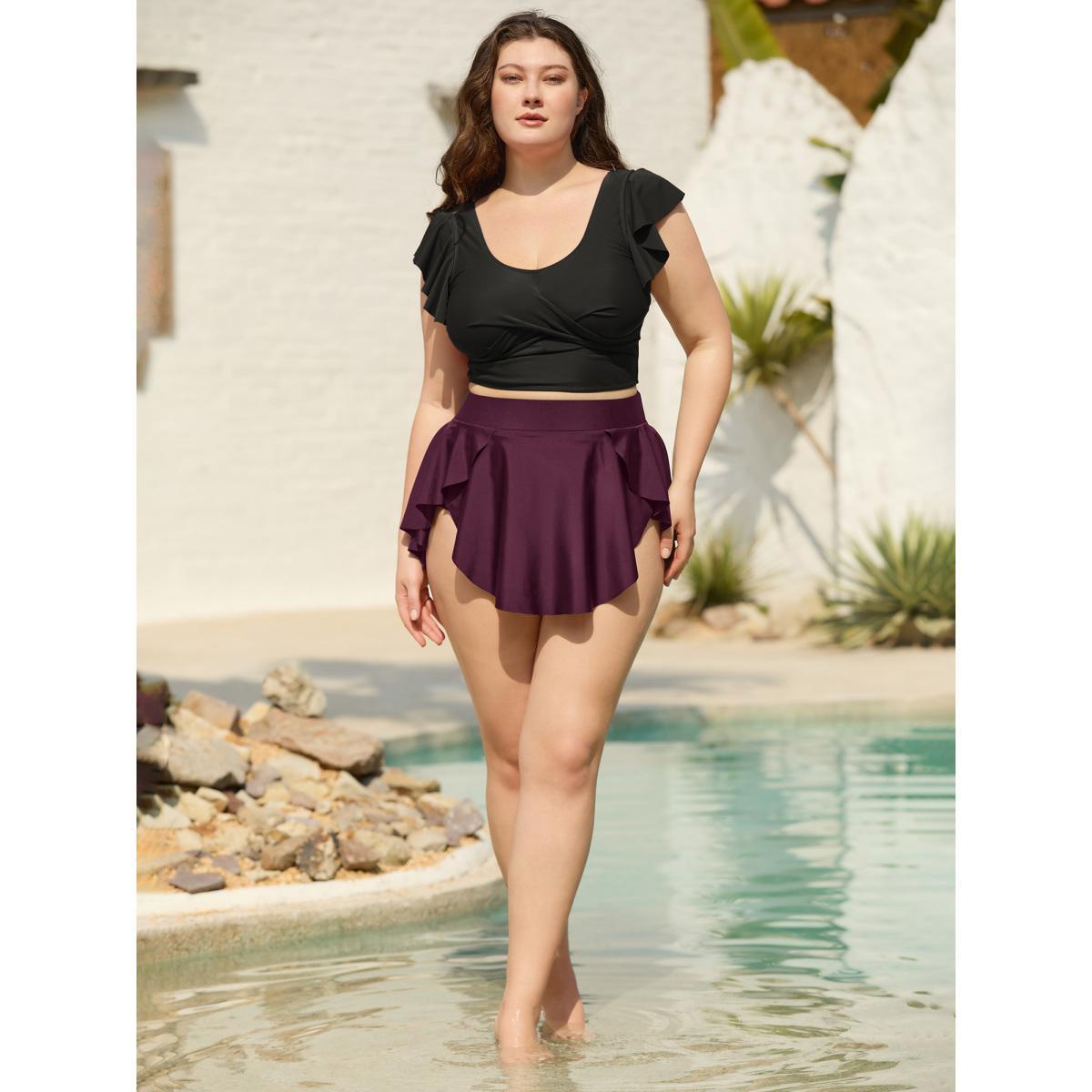 Plus Size Layered Hips Coverage Slit Swim Bottoms Women's Swimwear Deepred Beach Slit High stretch Bodycon High Rise Curve Swim Bottoms BloomChic 18-20/2X Product Image