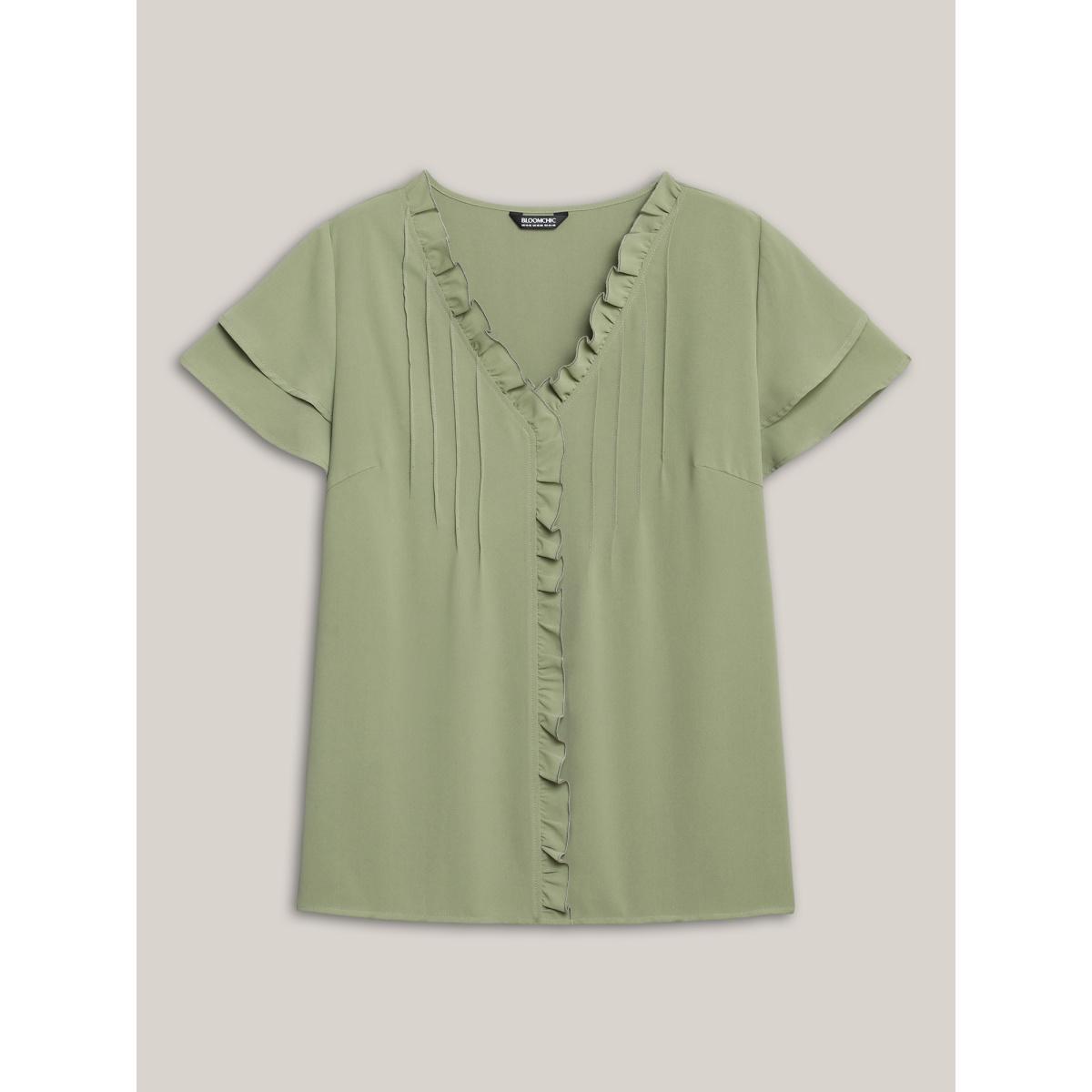 Plus Size Sage Ruffled Neck Toothpick Pleats Lotus Leaf Sleeve Shirt Women Elegant Short sleeve V-neck Everyday Blouses BloomChic 22-24/3X Product Image