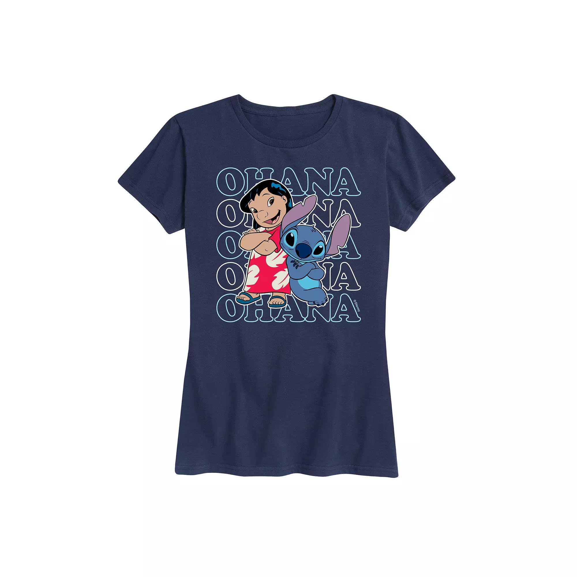 Disneys Lilo & Stitch Womens Ohana Repeated Graphic Tee Blue Product Image