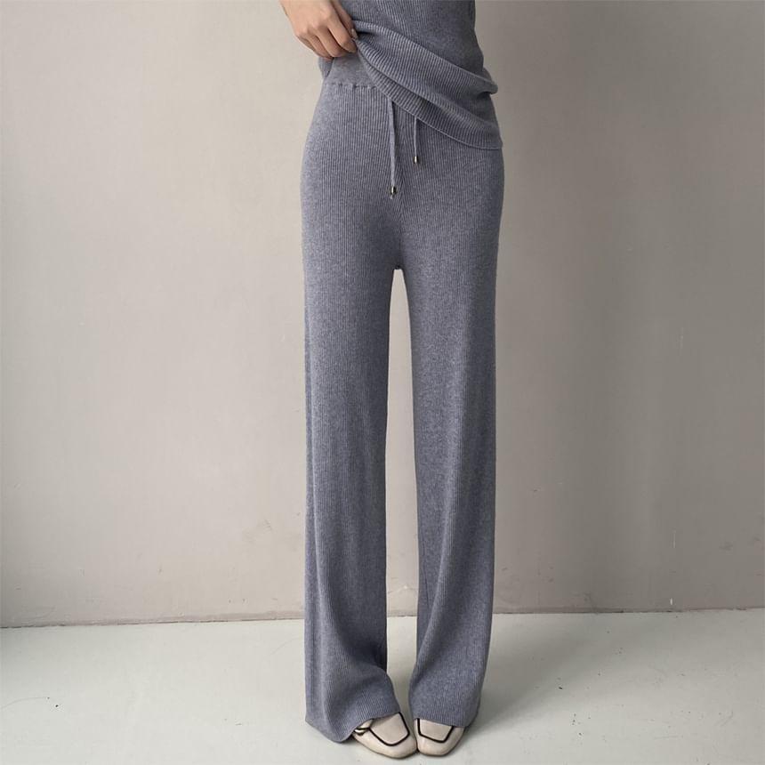 Set: Sleeveless V-Neck Plain Knit Top + Long Cardigan + Drawstring Waist Plain Wide Leg Pants Product Image