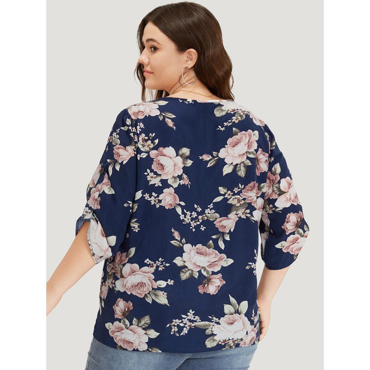 Plus Size Indigo Floral Print V Neck Plicated Detail Tab Sleeve Blouse Women Elegant Half Sleeve V-neck Dailywear Blouses BloomChic 12/L Product Image