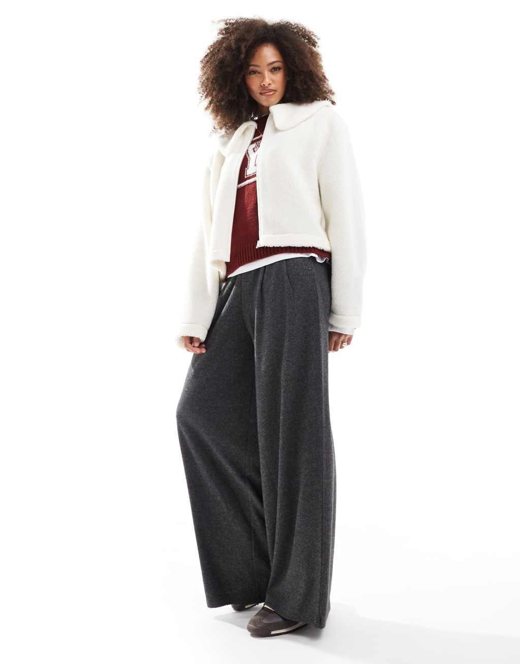 ASOS DESIGN borg cropped zip through jacket with collar in cream Product Image