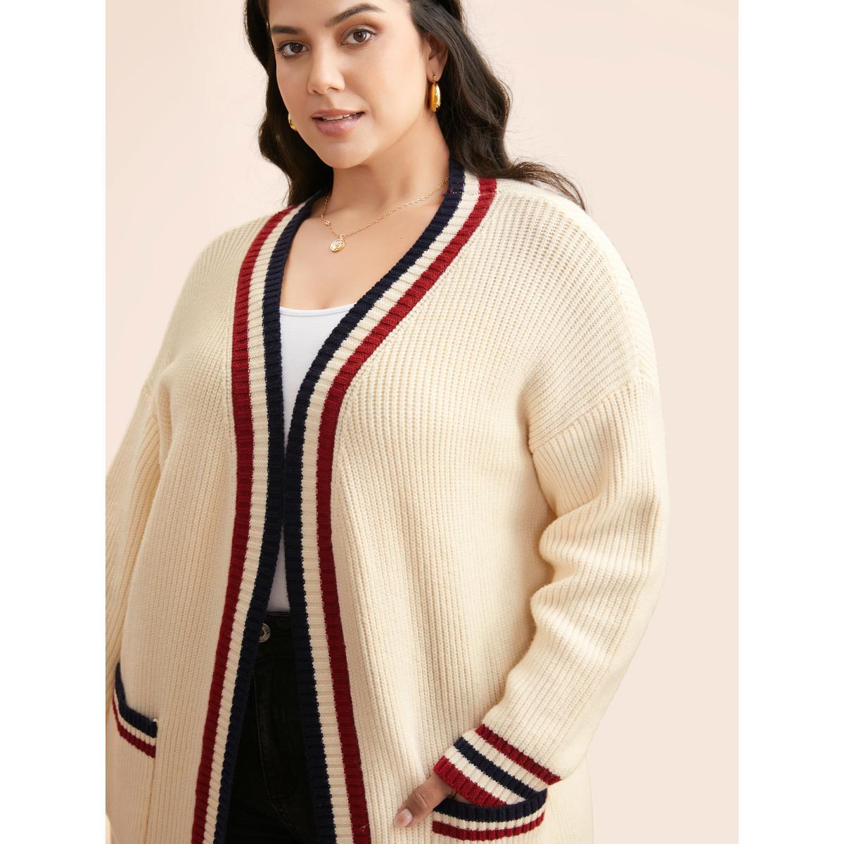 Plus Size Supersoft Essentials Contrast Striped Drop Shoulder Cardigan Beige Women Casual Loose Long Sleeve Everyday Cardigans BloomChic 28/5X Product Image