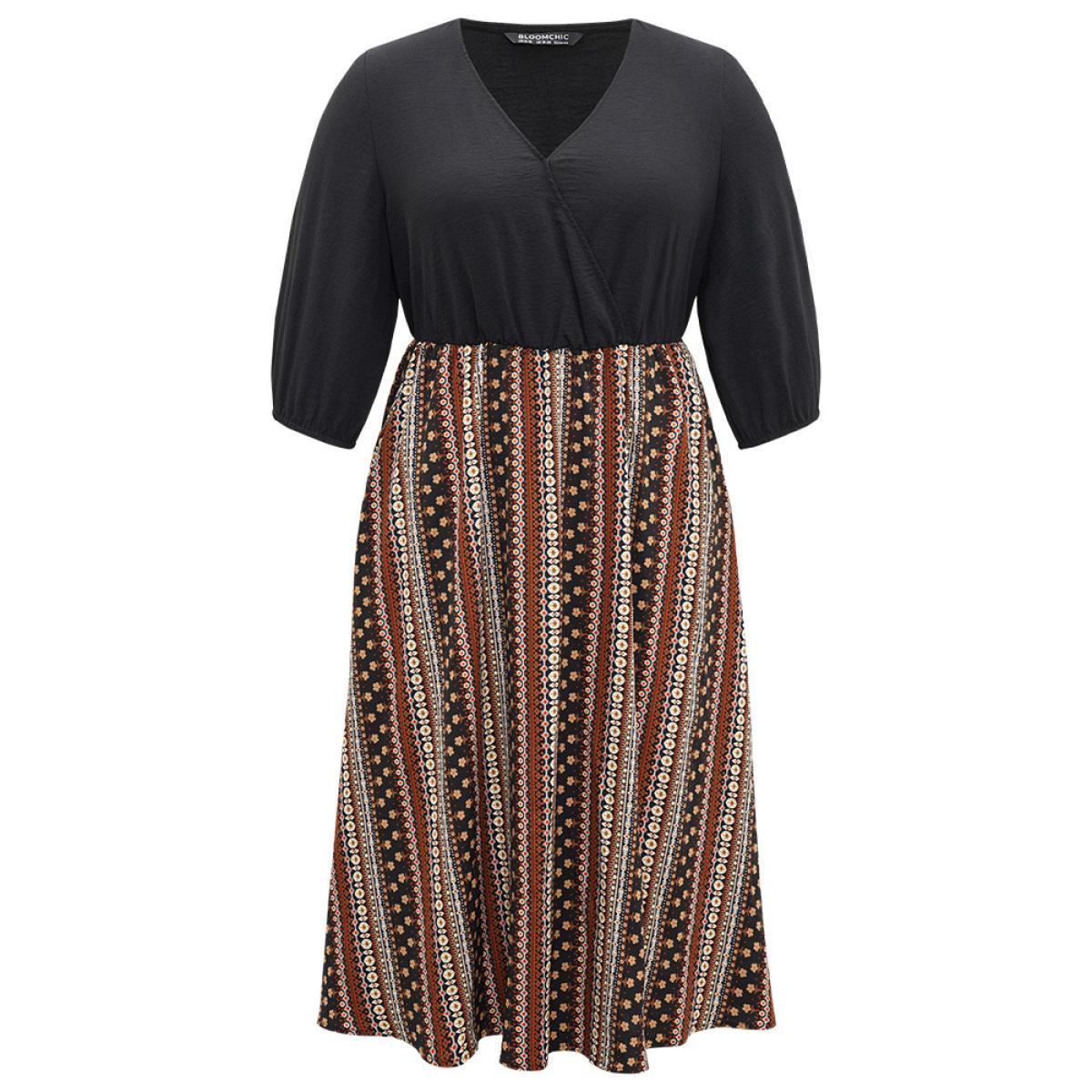 Plus Size Bandana Striped Patchwork Wrap Dress Black Women Vacation Elastic cuffs V-neck Elbow-length sleeve Curvy Midi Dress BloomChic 14-16/1X Product Image