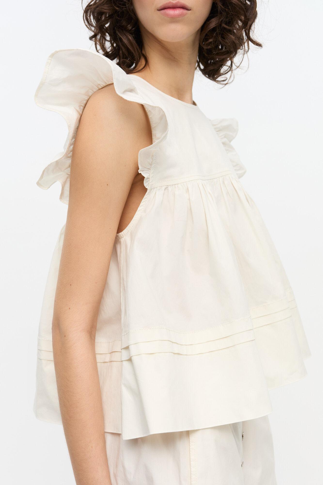 White Stretch Cotton Frill Sleeve Top Product Image