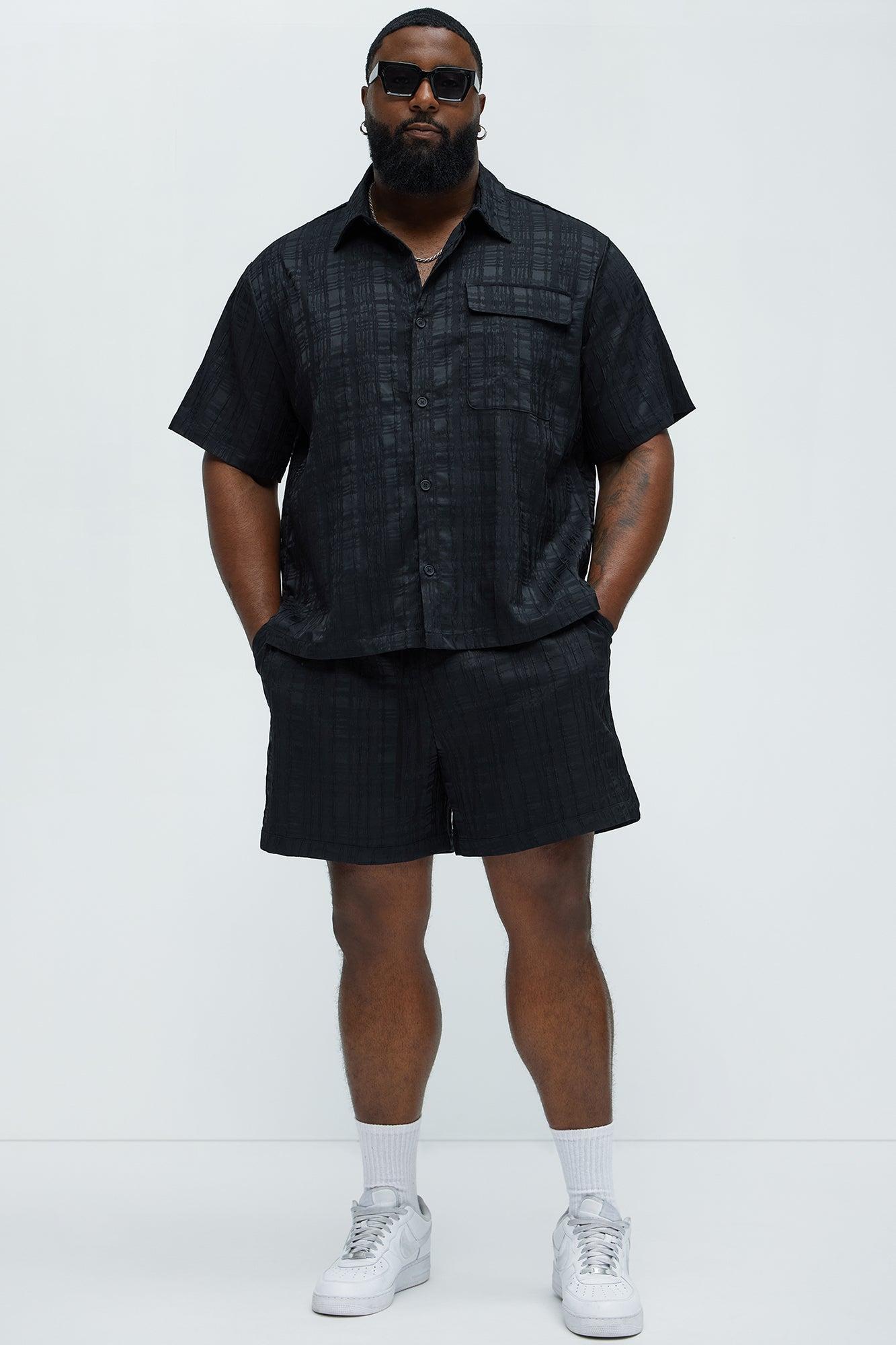 Plaid Crinkle Closed Collar Shirt - Black Product Image