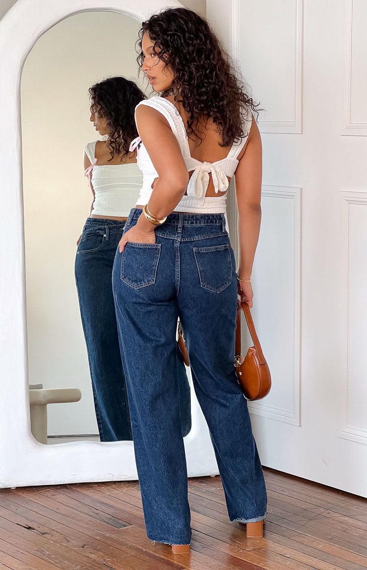 Kansis Dark Blue Uneven Waist Jeans Product Image