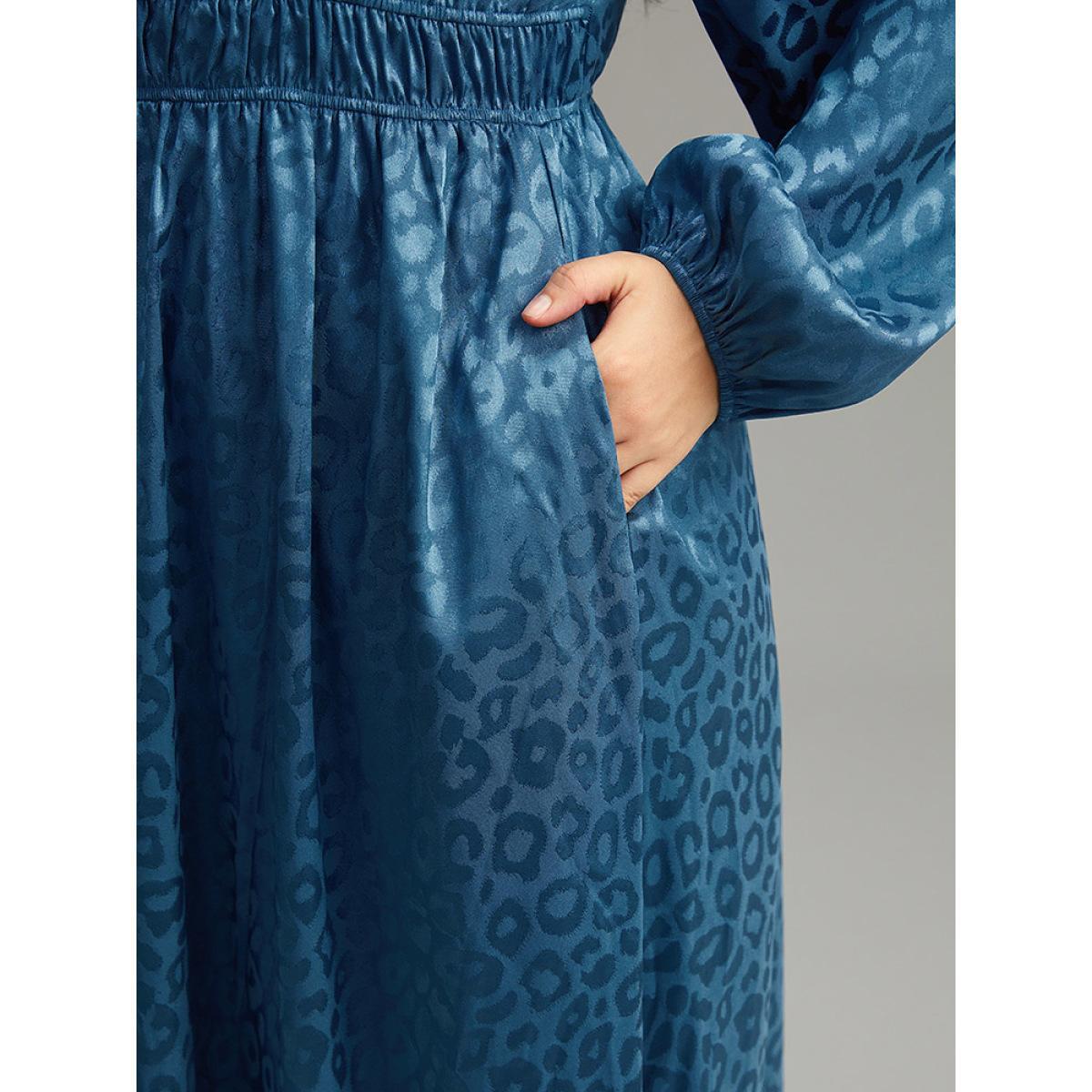 Plus Size Leopard Print Square Neck Shirred Gathered Dress Aegean Women Party Elastic cuffs Square Neck Long Sleeve Curvy Midi Dress BloomChic 26/4X Product Image
