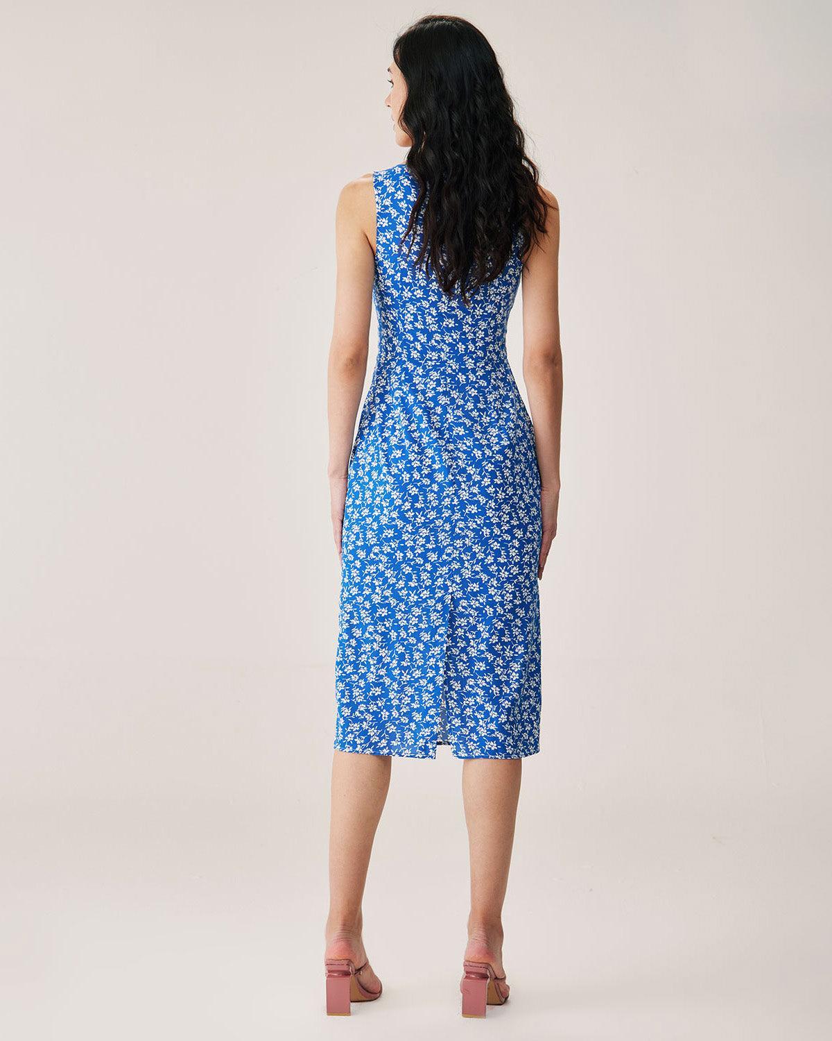 Blue Floral Slit Slip Midi Dress Product Image