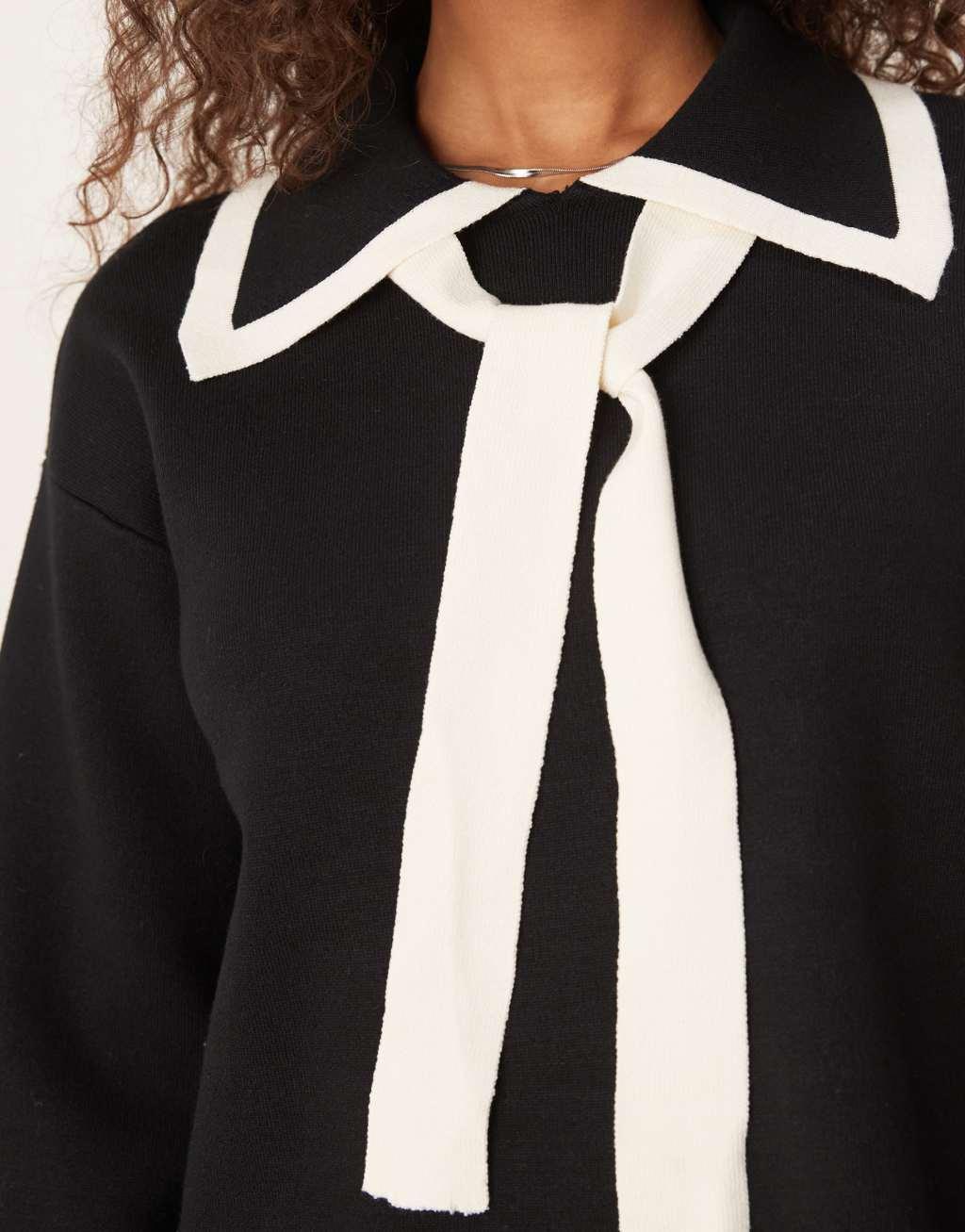YAS bow neck long sleeve knit top in black Product Image