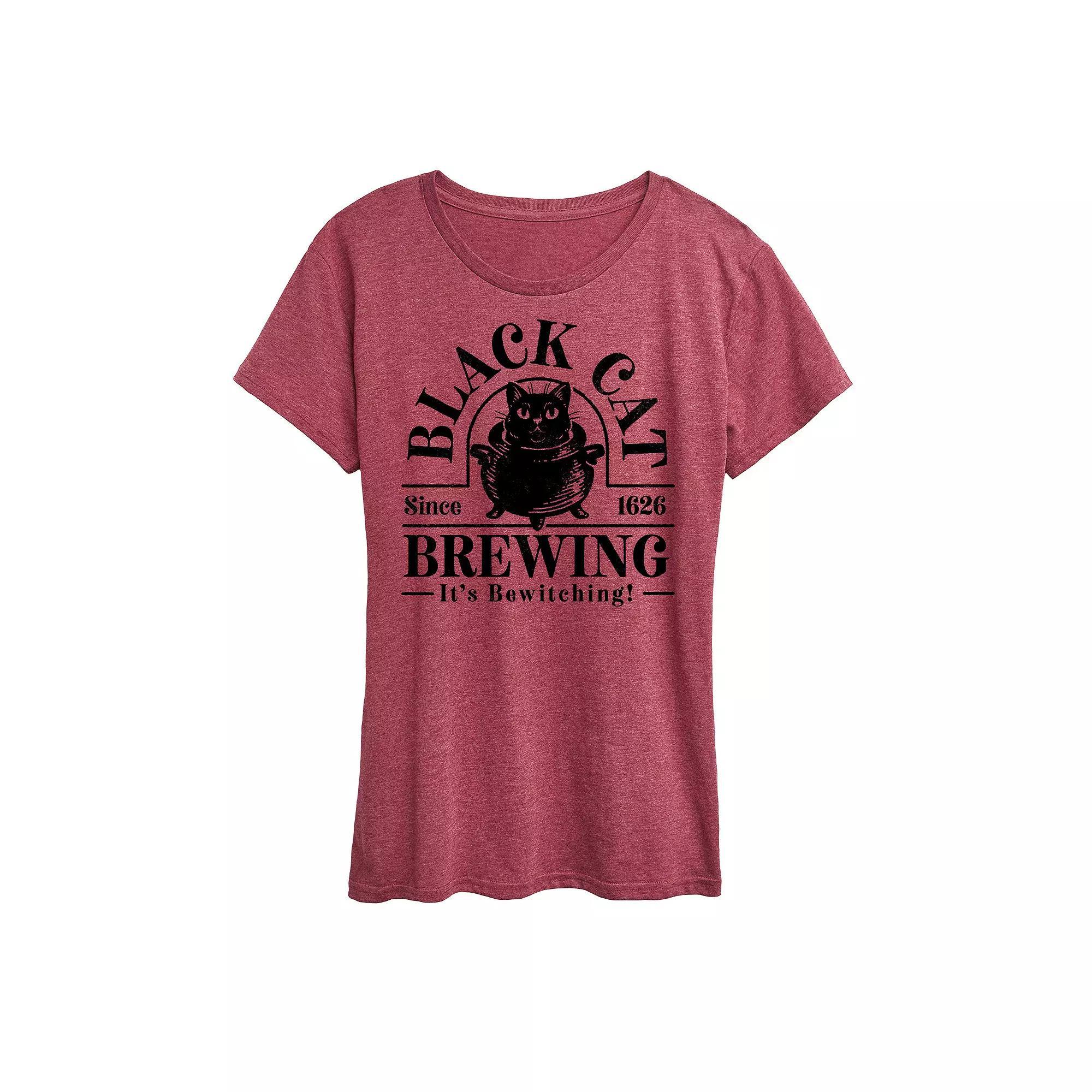 Plus Size Black Cat Brewing Graphic Tee, Womens Grey Dark Red Product Image