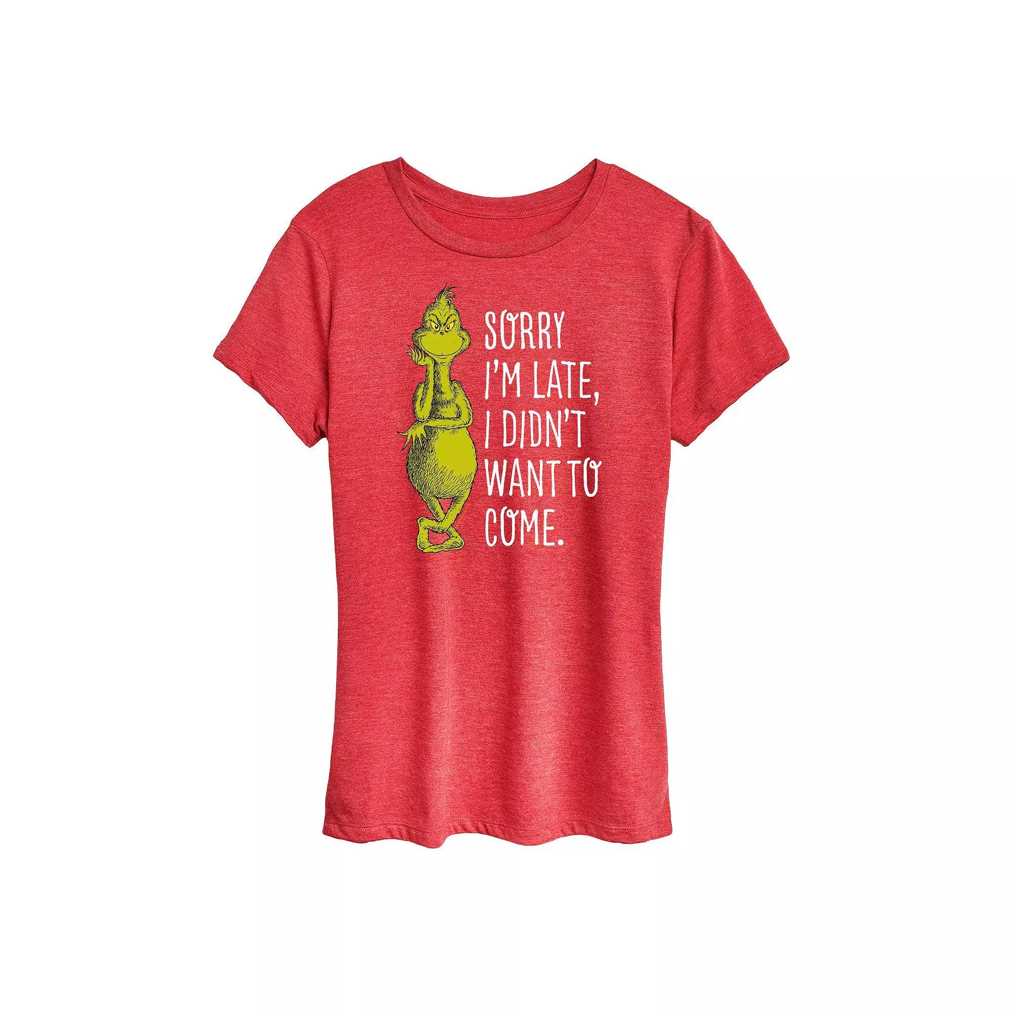 Women's Dr. Seuss The Grinch Sorry I'm Late Graphic Tee, Girl's, Size: Medium, Grey Dark Red Product Image
