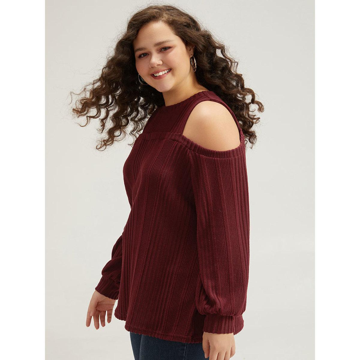 Plus Size Plain Rib Knit Elastic Cuffs Cold Shoulder Sweatshirt Women Scarlet Elegant Elastic cuffs Round Neck Dailywear Sweatshirts BloomChic 22-24/3X Product Image