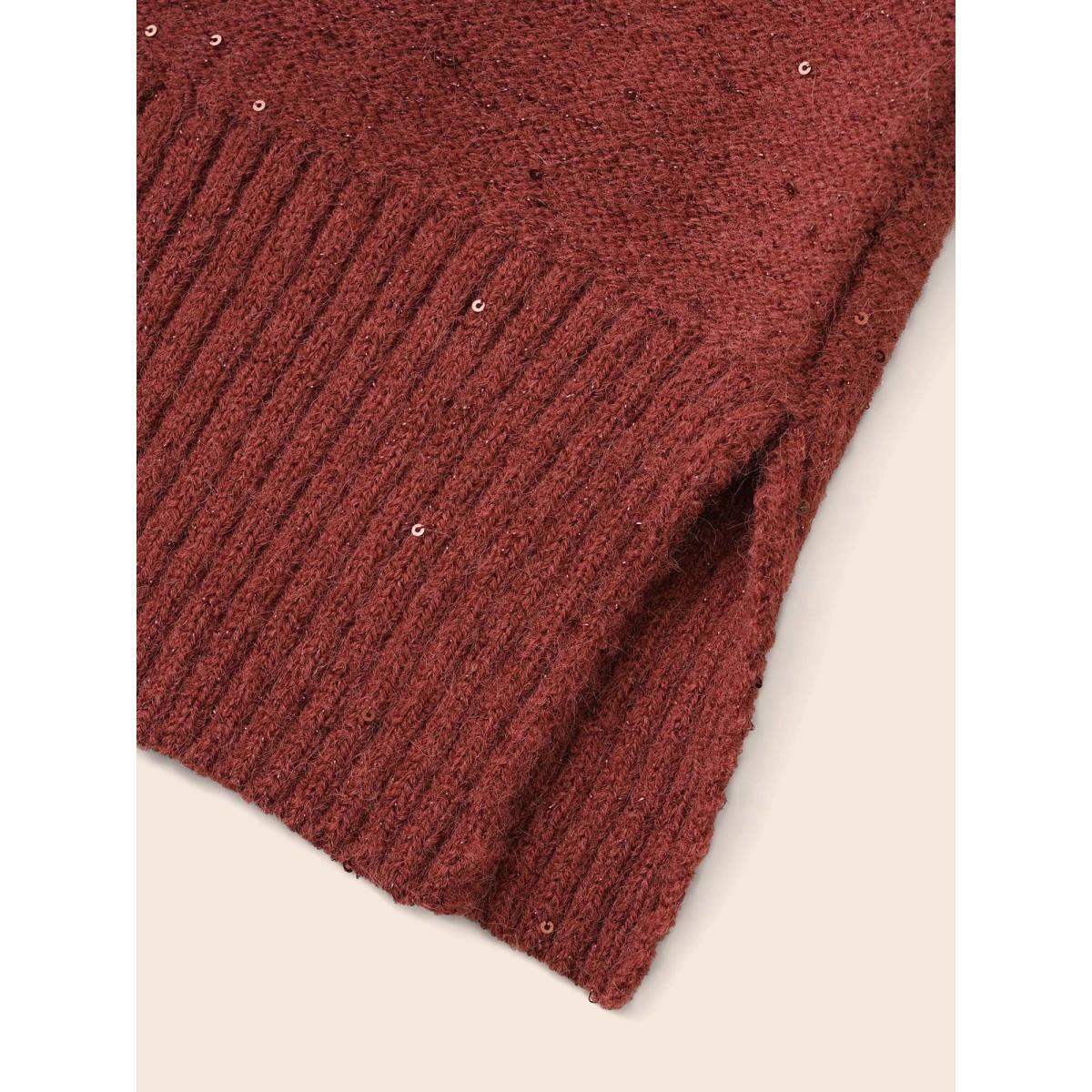 Plus Size V Neck Glitter Dropped Shoulder Split Hem Pullover Deepred Women Casual Loose Long Sleeve V-neck Everyday Pullovers BloomChic 12/L Product Image