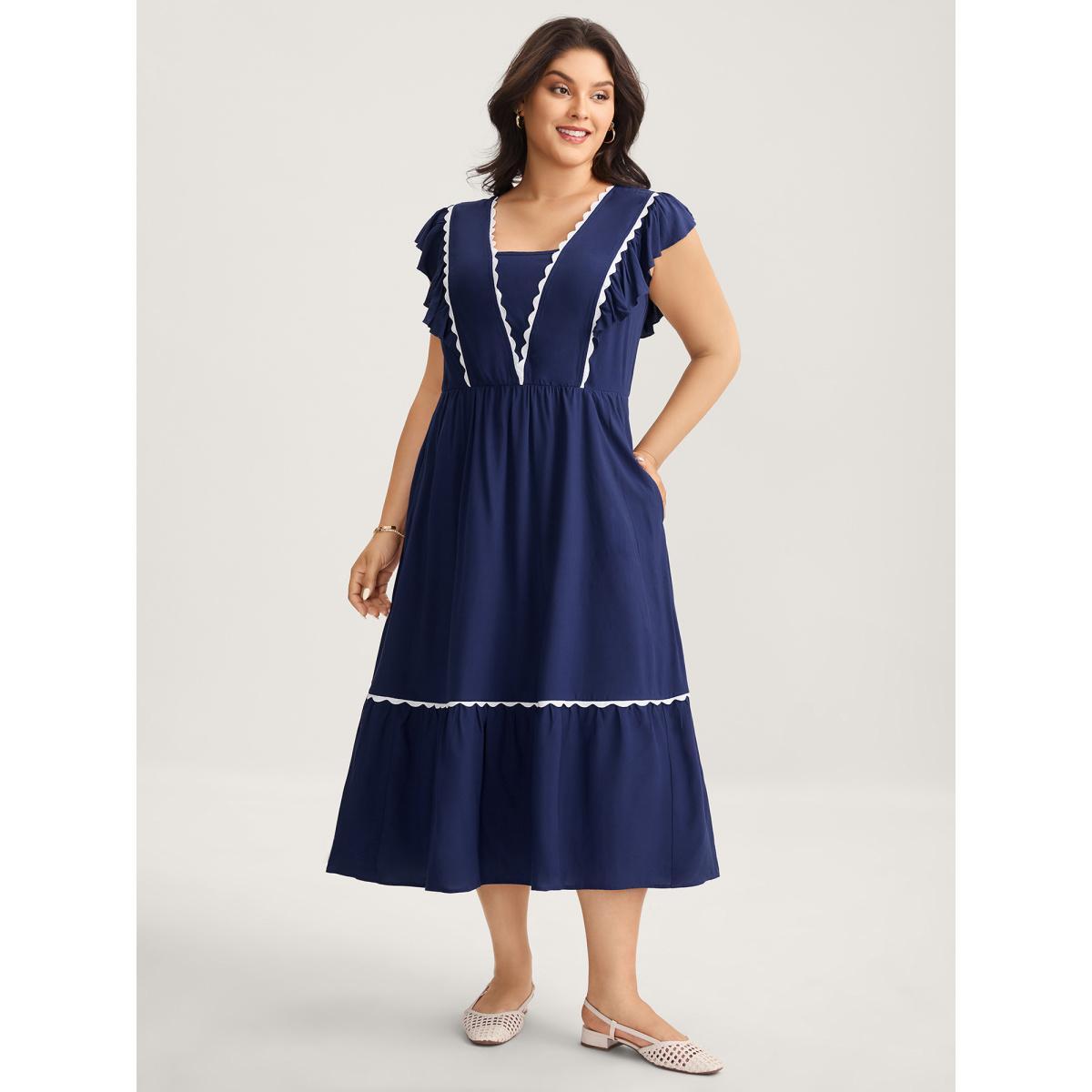 Plus Size Rayon Collar Ribbon Contrast Pockets Midi Dress Indigo Women V-neck Cap Sleeve Curvy BloomChic 12/L Product Image
