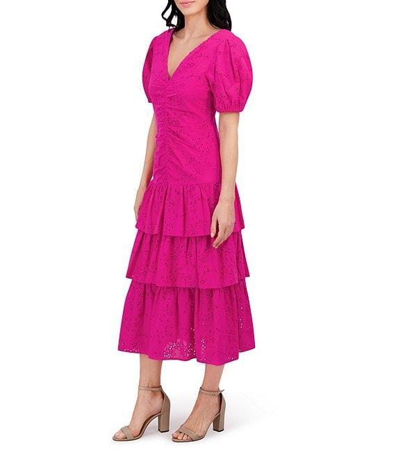 Kensie Embroidered Cotton V Neck Short Sleeve Ruched Ruffle Drop Waist Midi Dress Product Image