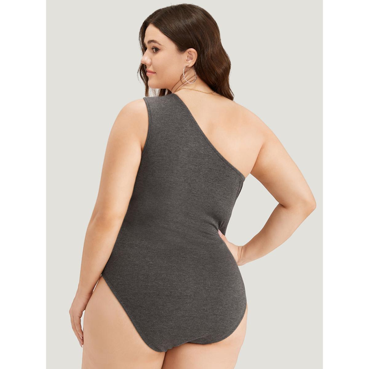 Plus Size Plain One Shoulder Slightly Stretchy Bodysuit Women DimGray Plain Plain Bodysuits BloomChic 30/6X Product Image