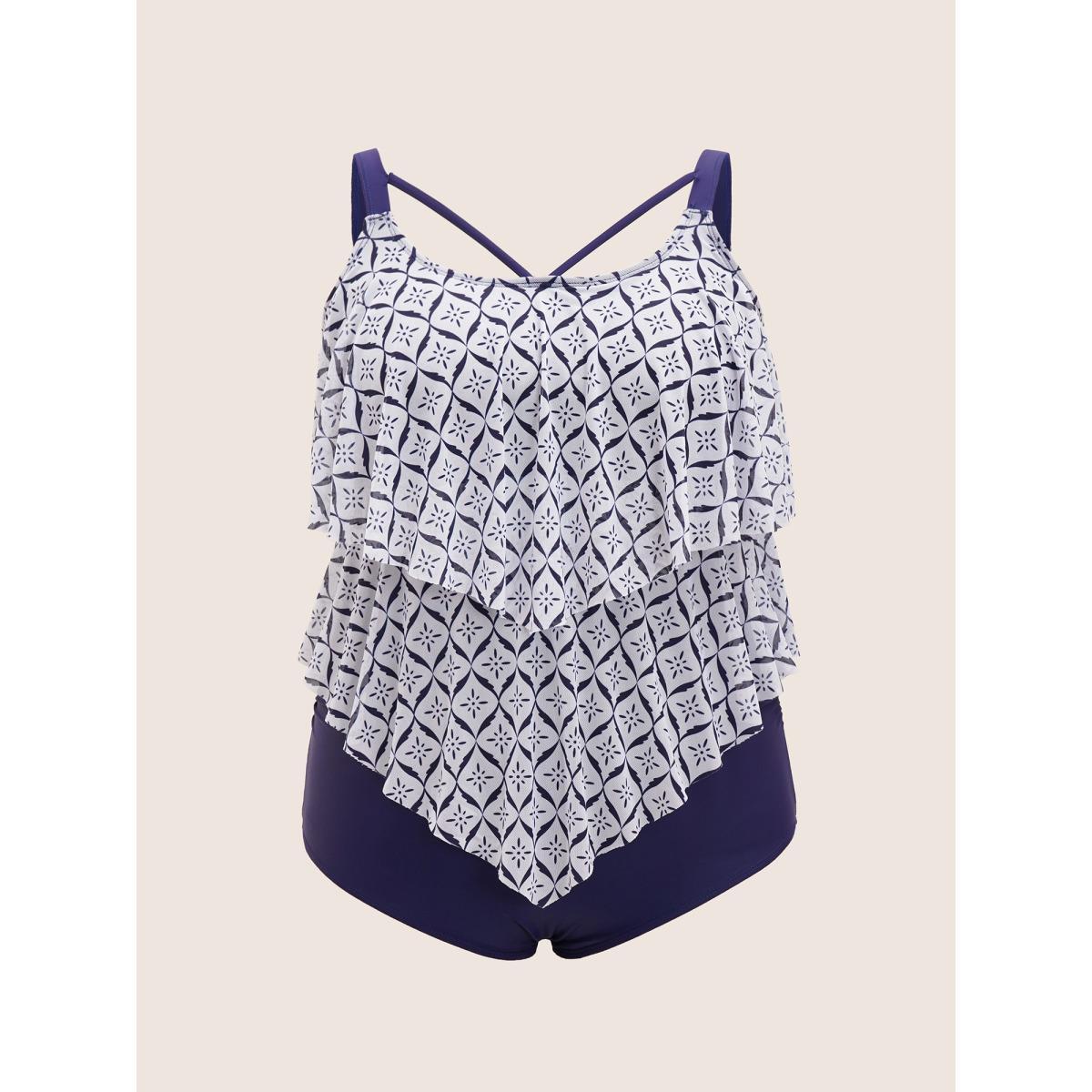 Plus Size Geometric Tiered Ruffles One Piece Swimsuit Women's Swimwear WhiteSmoke Beach Gathered Curve Bathing Suits High stretch One Pieces BloomChic 12/L Product Image