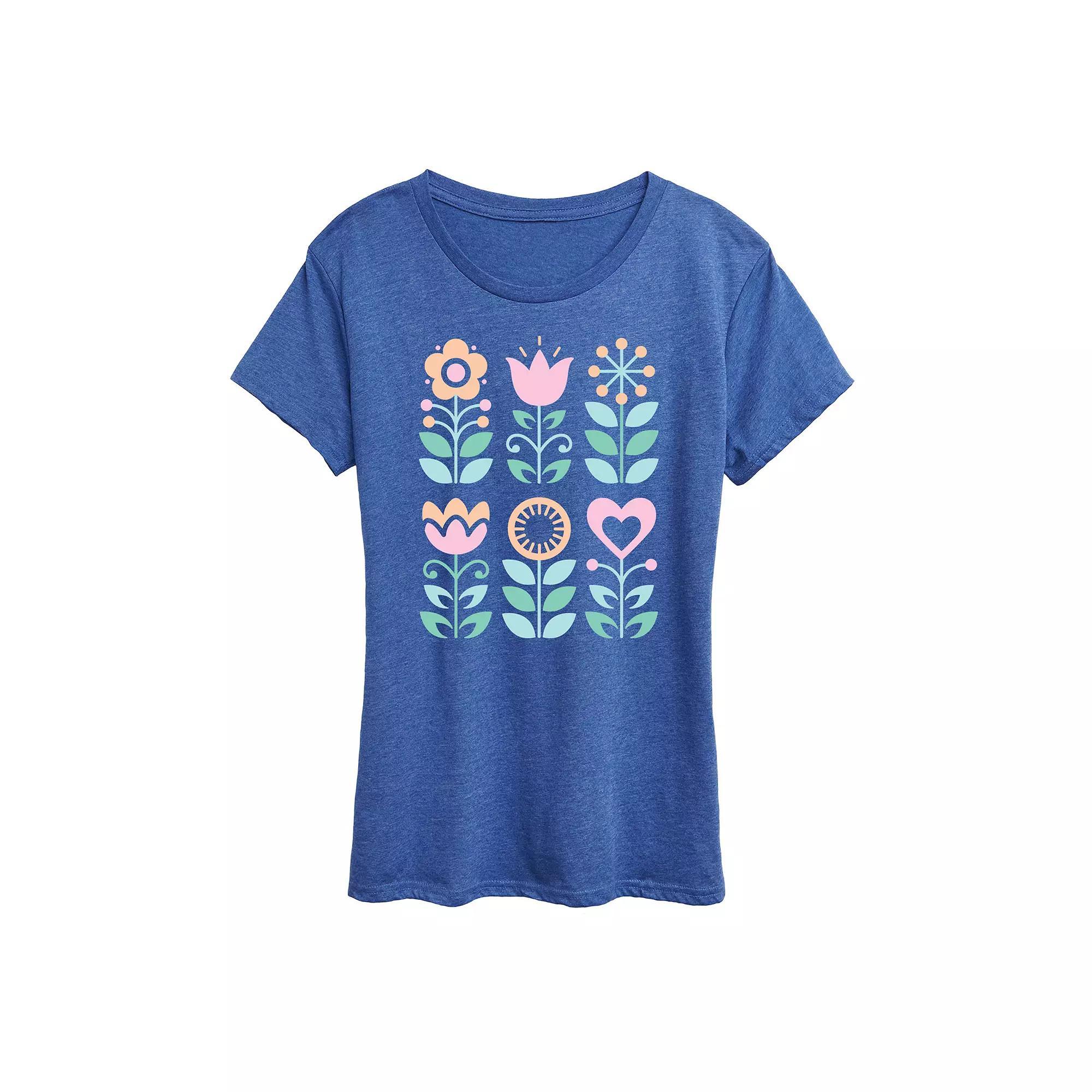 Womens Scandinavian Flowers Oversized Tee Grey Royal Blue Product Image
