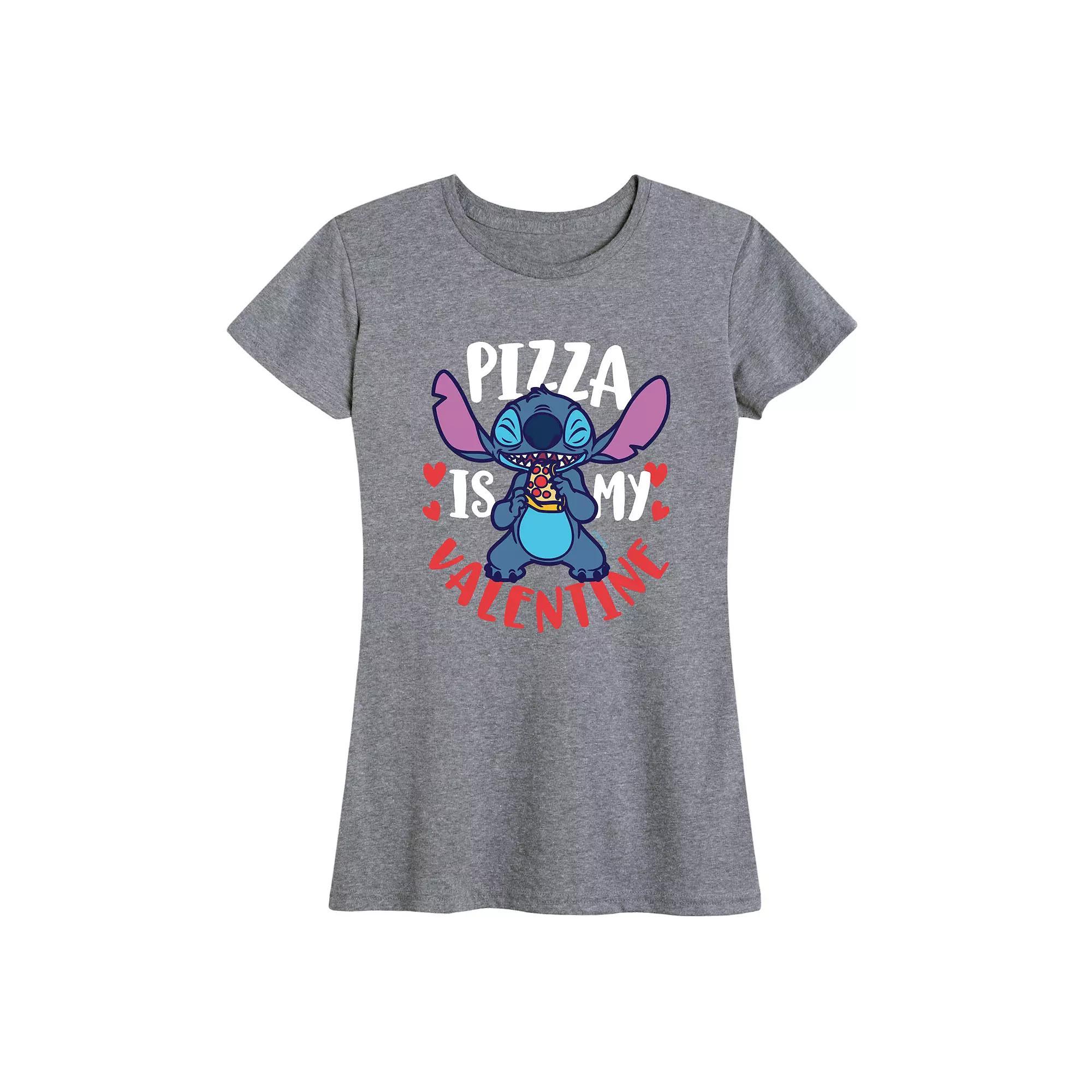 Disneys Lilo & Stitch Womens Pizza Valentine Graphic Tee Grey Gray Product Image