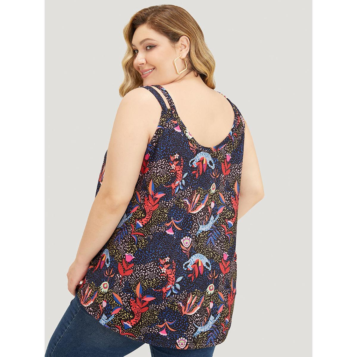 Plus Size Cat & Plant Print Sleeveless Cut Out Cami Top Women Navy Casual Cut-Out V-neck Dailywear Tank Tops Camis BloomChic 22-24/3X Product Image