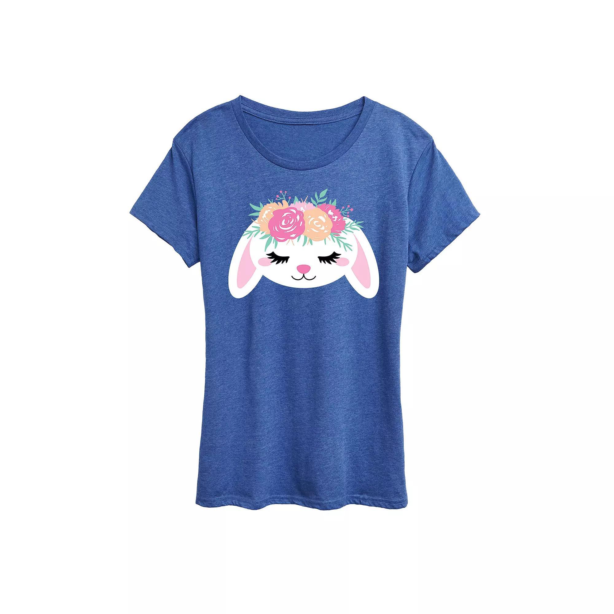Womens Bunny Face With Flower Crown Graphic Tee Grey Royal Blue Product Image