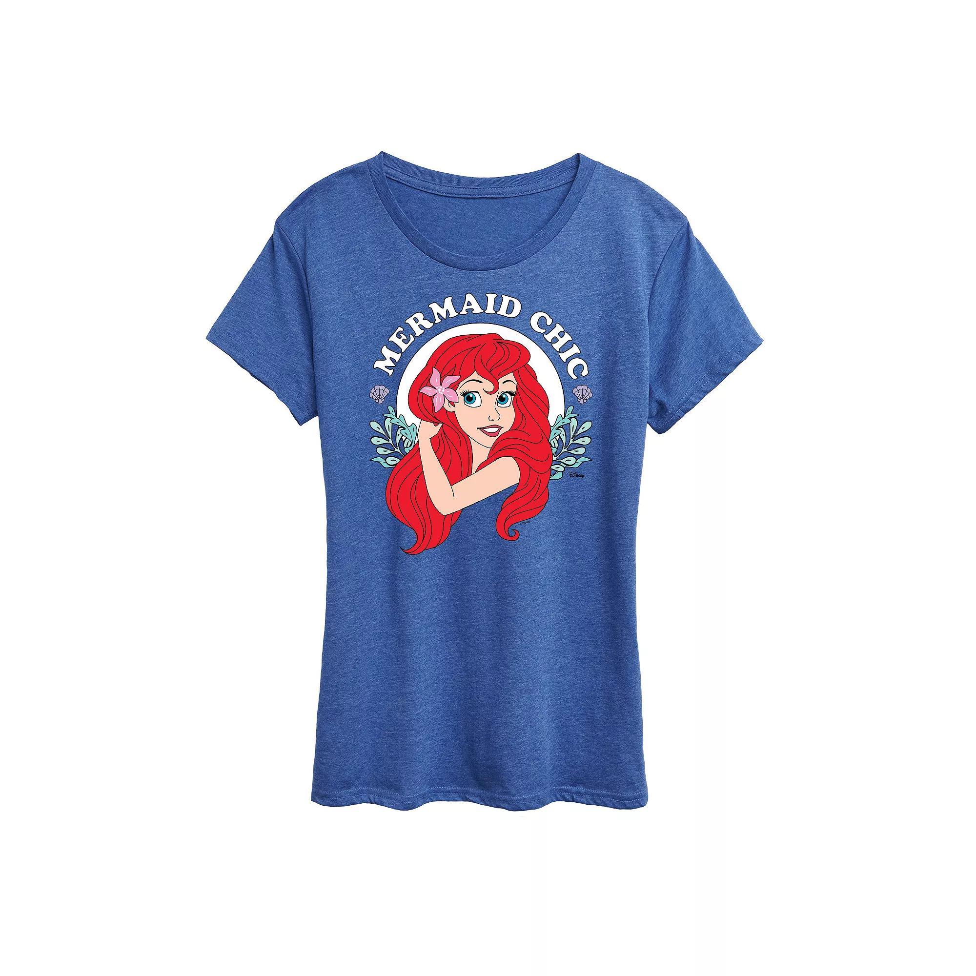 Disney Princess Ariel Womens Mermaid Chic Graphic Tee, Girls Grey Royal Blue Product Image