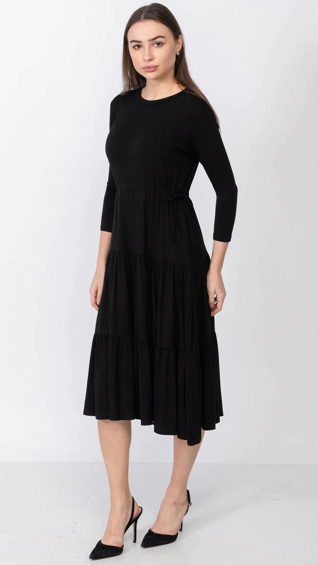 Tiered Drawstring Dress - Black Product Image