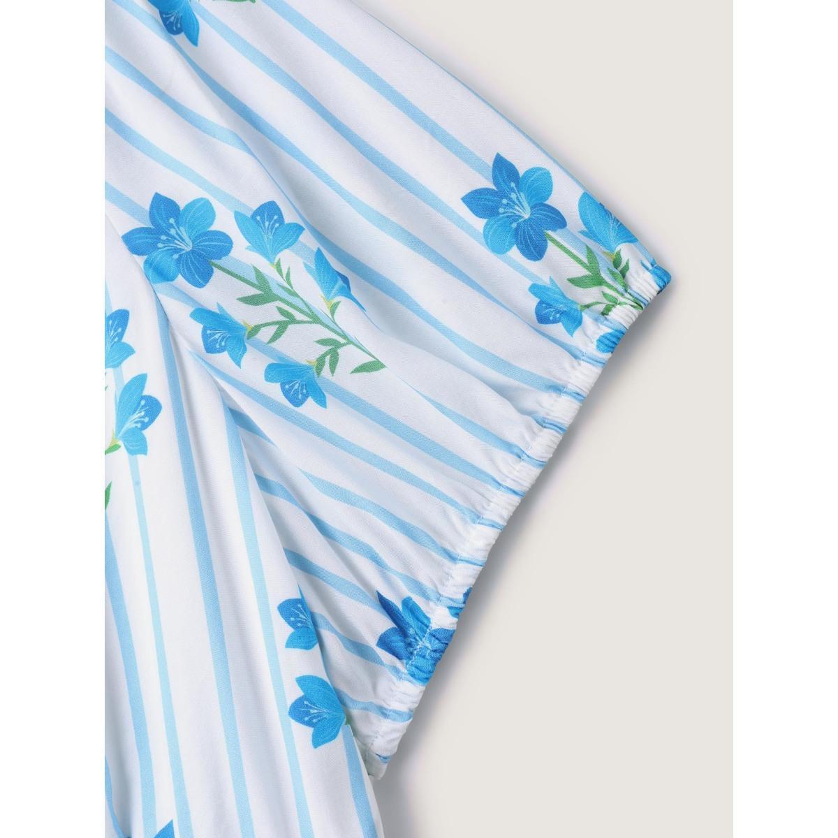 Plus Size Stripe Floral Notched Neck Tie Midi Dress Skyblue Women Notched collar Short sleeve Curvy BloomChic 12/L Product Image