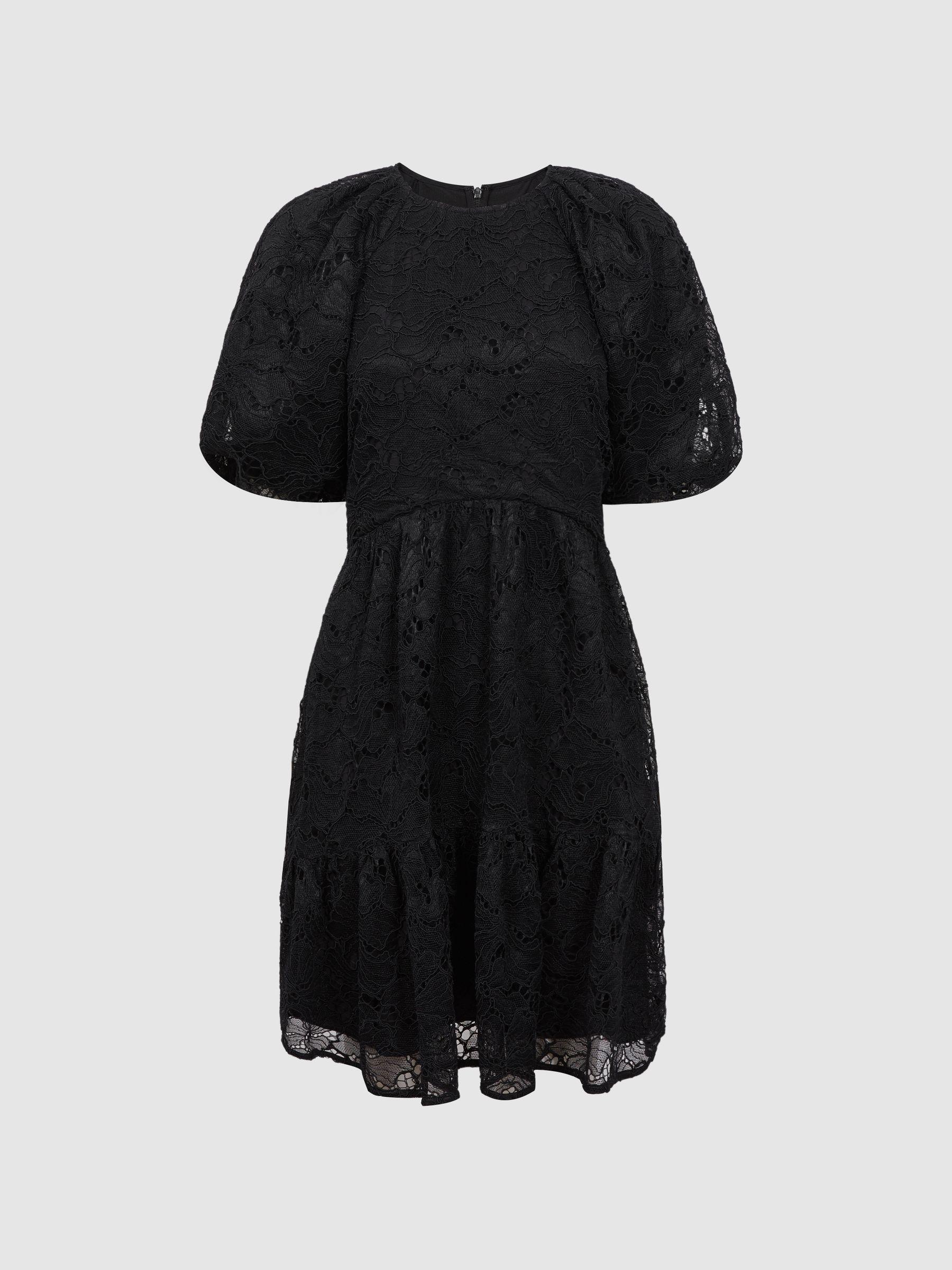 Florere Lace Puff Sleeve Mini Dress in Black Product Image
