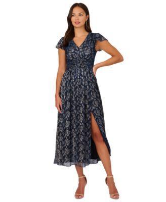 Adrianna Papell Womens Metallic-Print Crinkle Belted Dress Product Image