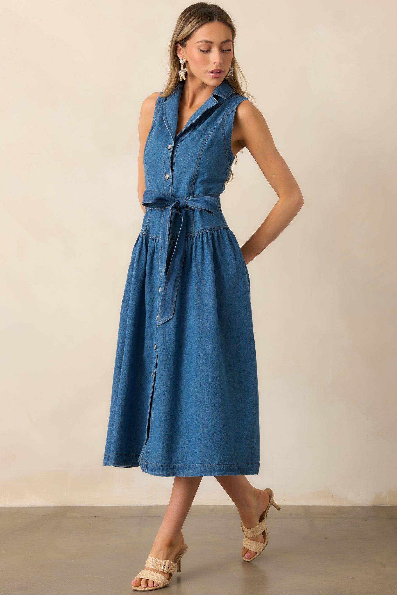 Riverside Sips Blue Denim Button Front Maxi Dress Product Image