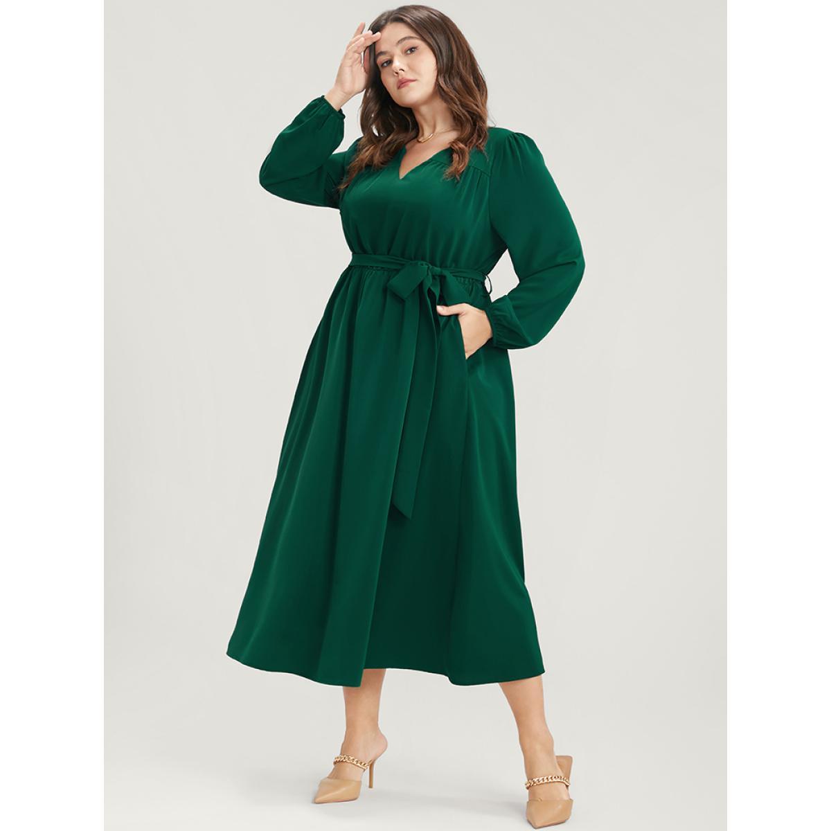 Plus Size Solid V Neck Pocket Belted Lantern Sleeve Midi Dress DarkGreen Women Elegant Belted V-neck Long Sleeve Curvy Midi Dress BloomChic 14-16/1X Product Image
