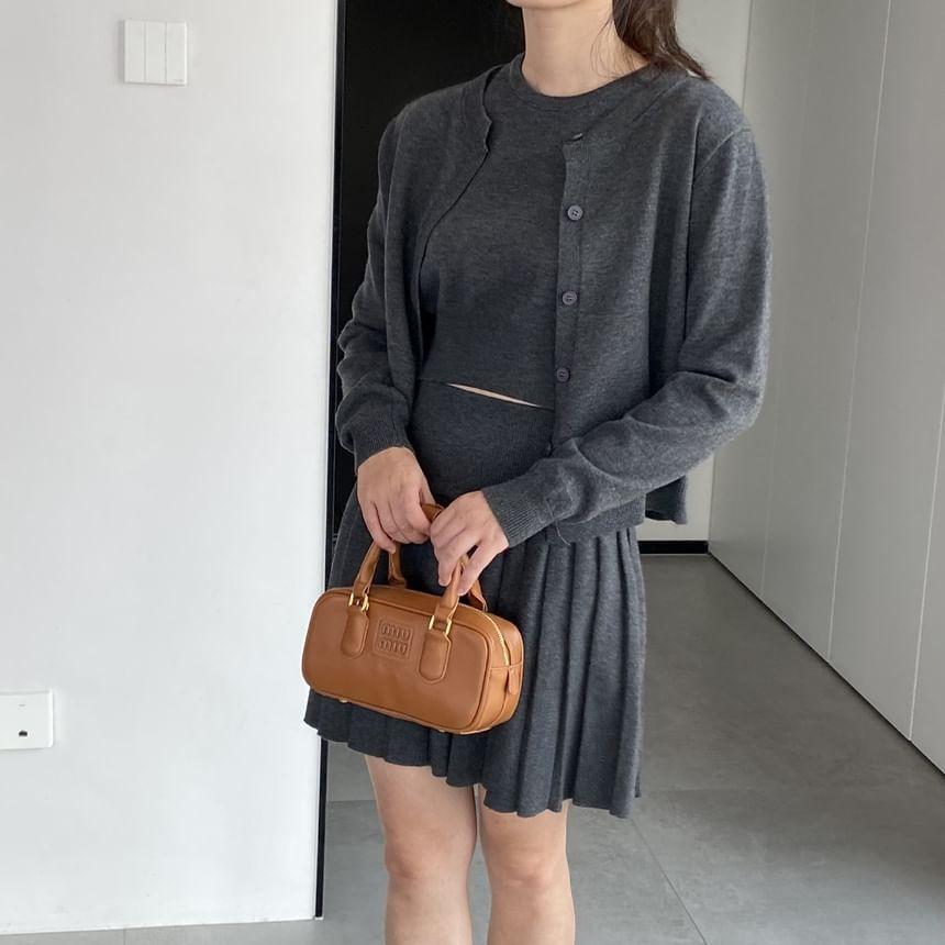 Set: Short-Sleeve Round Neck Plain Knit Top + Mid Waist Plain Mini Pleated Skirt + Round Neck Button Cardigan Product Image