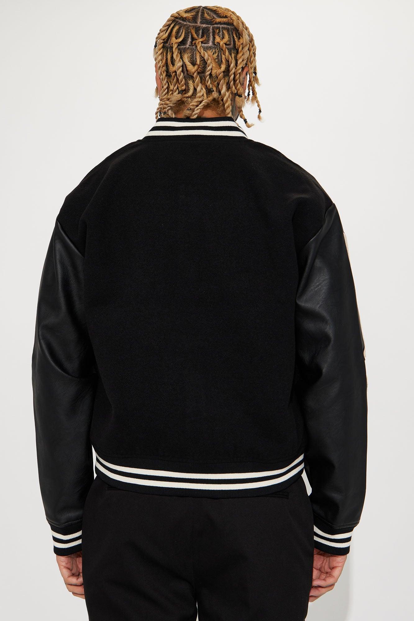 Bone Applique Varsity Bomber Jacket - Black Product Image