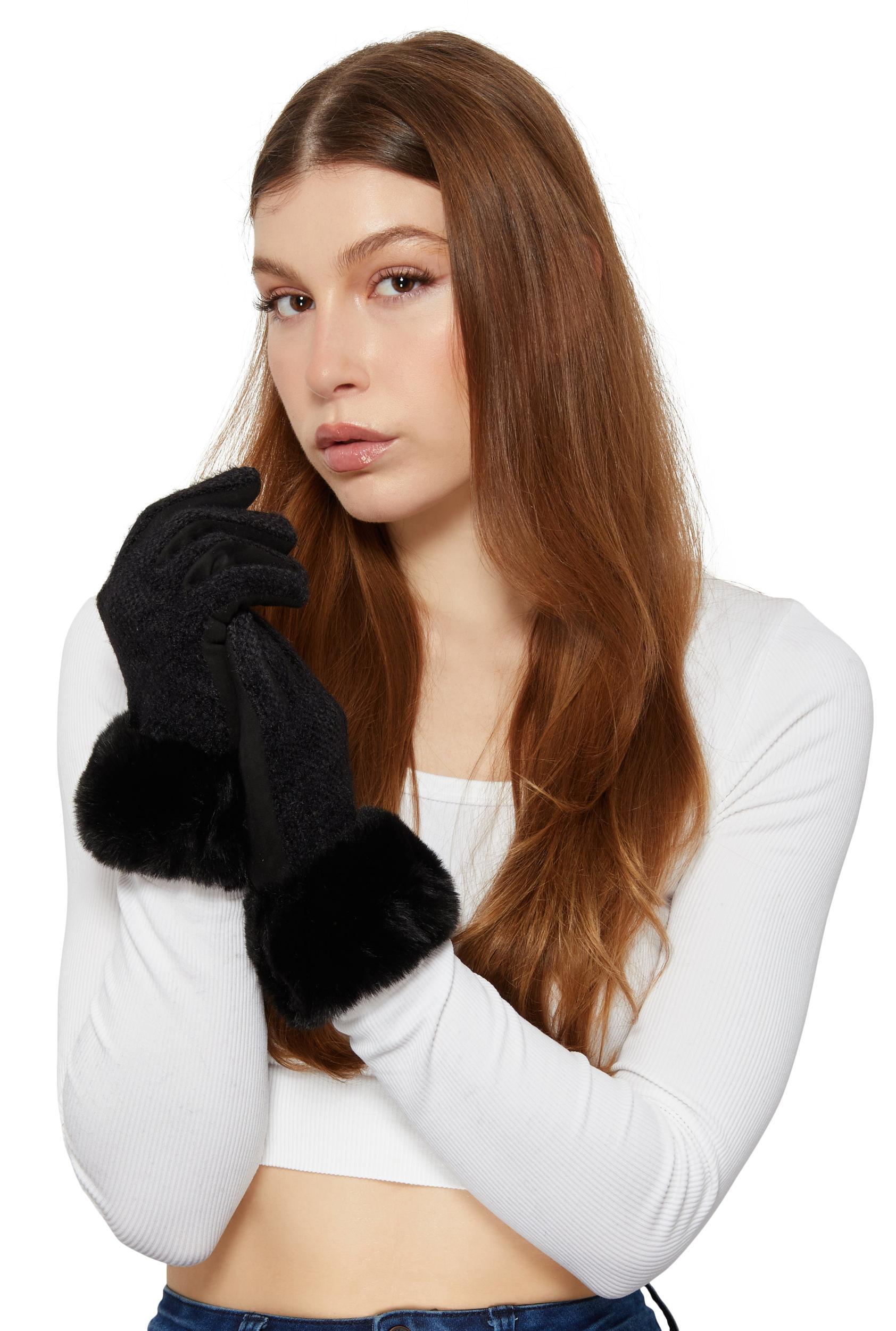 Eyelash Knit Faux Fur Cuff Gloves Female Product Image