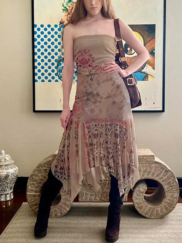 Boho Print Off Shoulder Irregular Hem Mesh Midi Dress Product Image
