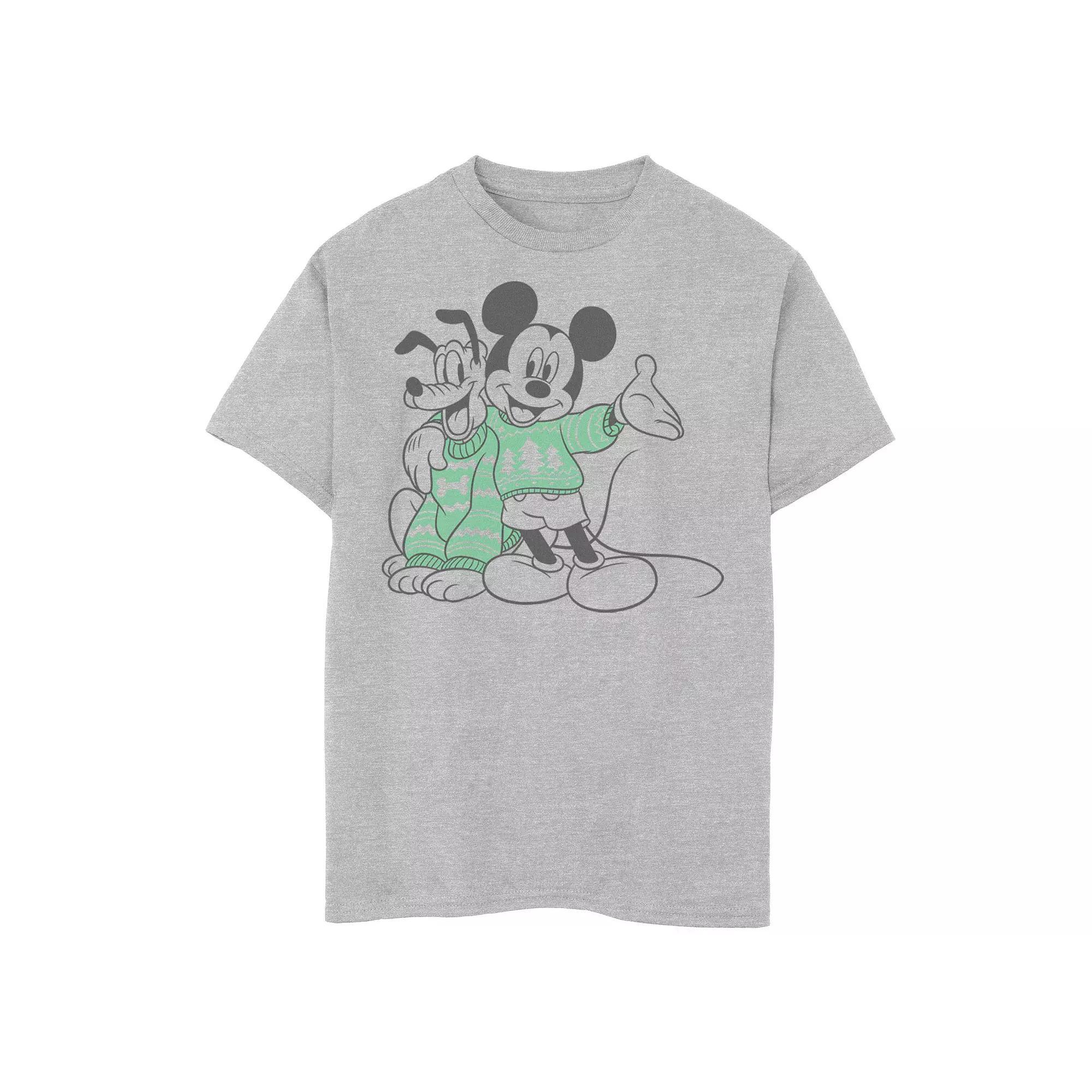 Disney's Mickey Mouse Mickey And Pluto Men's Christmas Outline Tee, Boy's, Size: XS, Athletic Grey Product Image