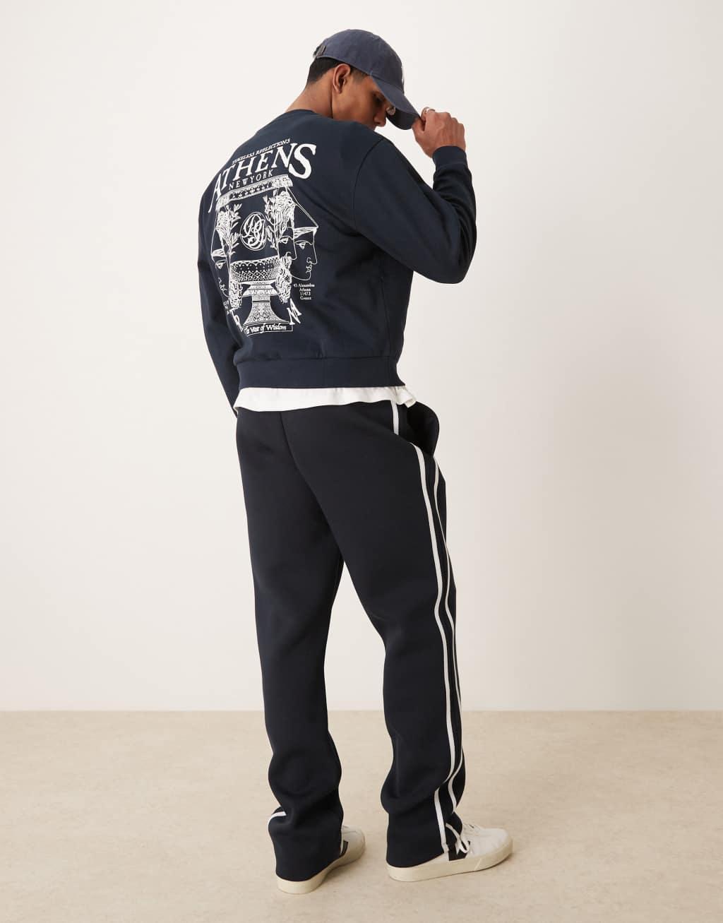 ASOS DESIGN boxy oversized crew neck sweater with city print in navy Product Image